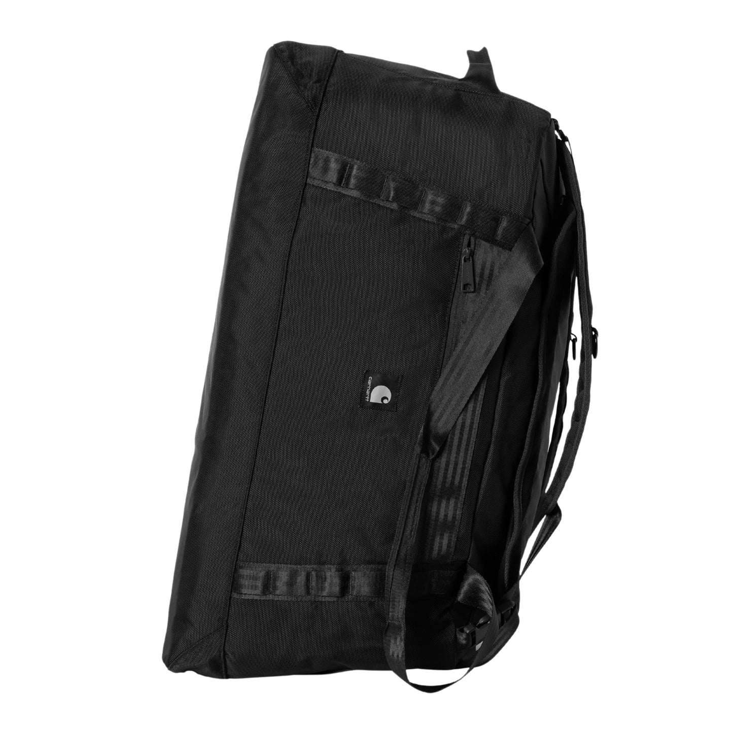 Duffle bag Carhartt WIP Richmond Large em Black — vista lateral direita a 3/4, produto sem modelo, aba superior com fecho de correr e reforços em borracha preta texturada, bolso frontal com fecho de correr e puxador metálico prateado, etiqueta quadrada em tecido com logótipo "C" Carhartt branco visível, alça ajustável e amovível para o ombro presa à lateral, bolso interior adicional por baixo da aba superior visível com fecho de correr, nylon texturado preto impermeável, fundo branco.