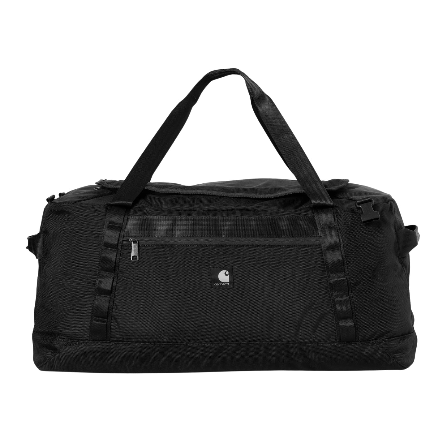 Duffle bag Carhartt WIP Richmond Large em Black — vista frontal, produto sem modelo, duas pegas superiores acolchoadas em nylon preto, fecho de correr do compartimento principal na aba superior com reforços em borracha preta texturada, bolso frontal com fecho de correr e puxador metálico prateado ao centro, etiqueta quadrada em tecido com logótipo "C" Carhartt branco ao centro, alças laterais de transporte em nylon preto, nylon texturado preto impermeável, fundo branco.