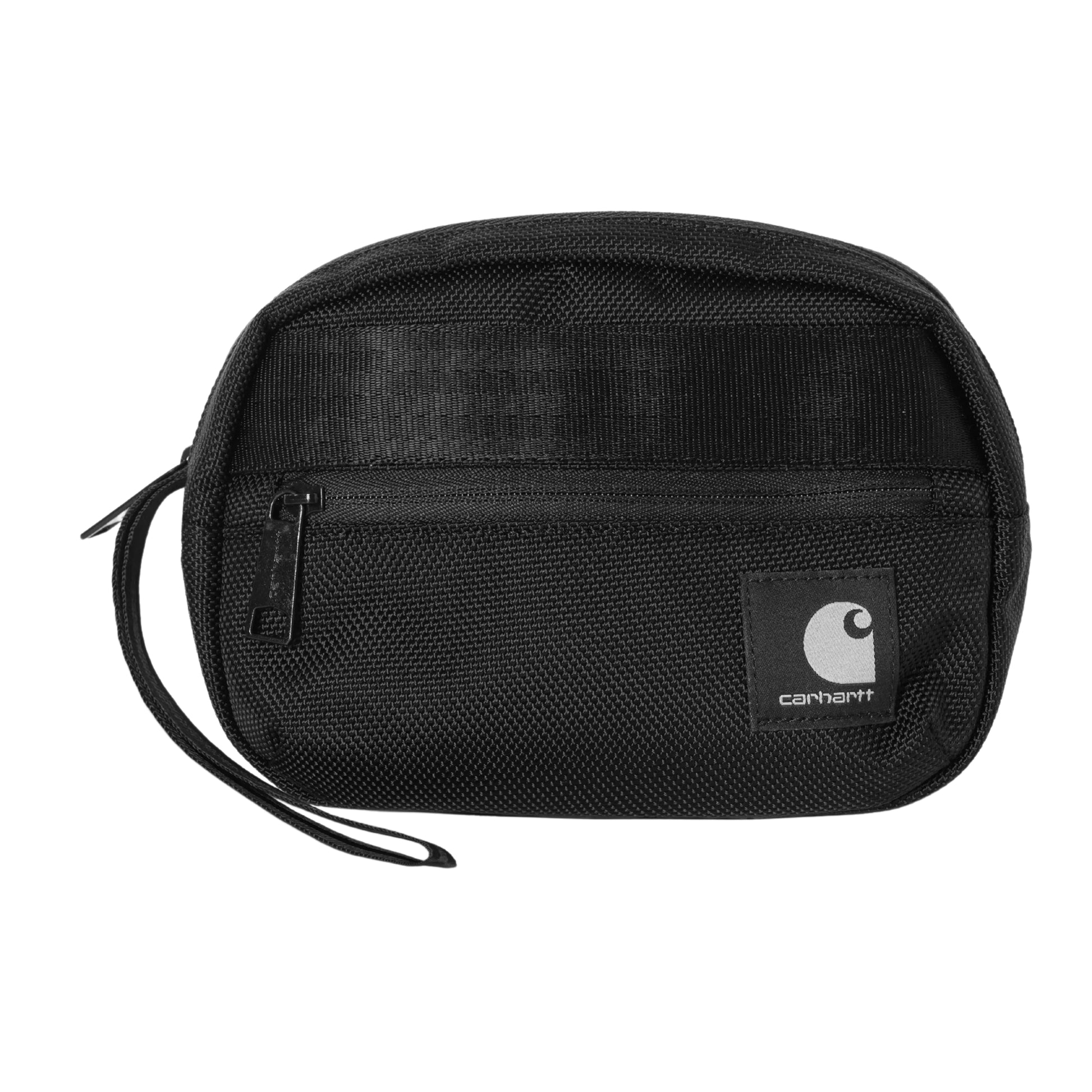 Bolsa Carhartt WIP Richmond Pouch em Black — vista frontal, formato arredondado em nylon de textura pesada preta, bolso frontal com fecho de correr preto e puxador duplo em cordão preto à esquerda, etiqueta quadrada em tecido preto com logótipo "C" Carhartt em cinzento claro e texto "carhartt" branco no canto inferior direito, alça de pulso em cordão preto na lateral esquerda, fundo branco.