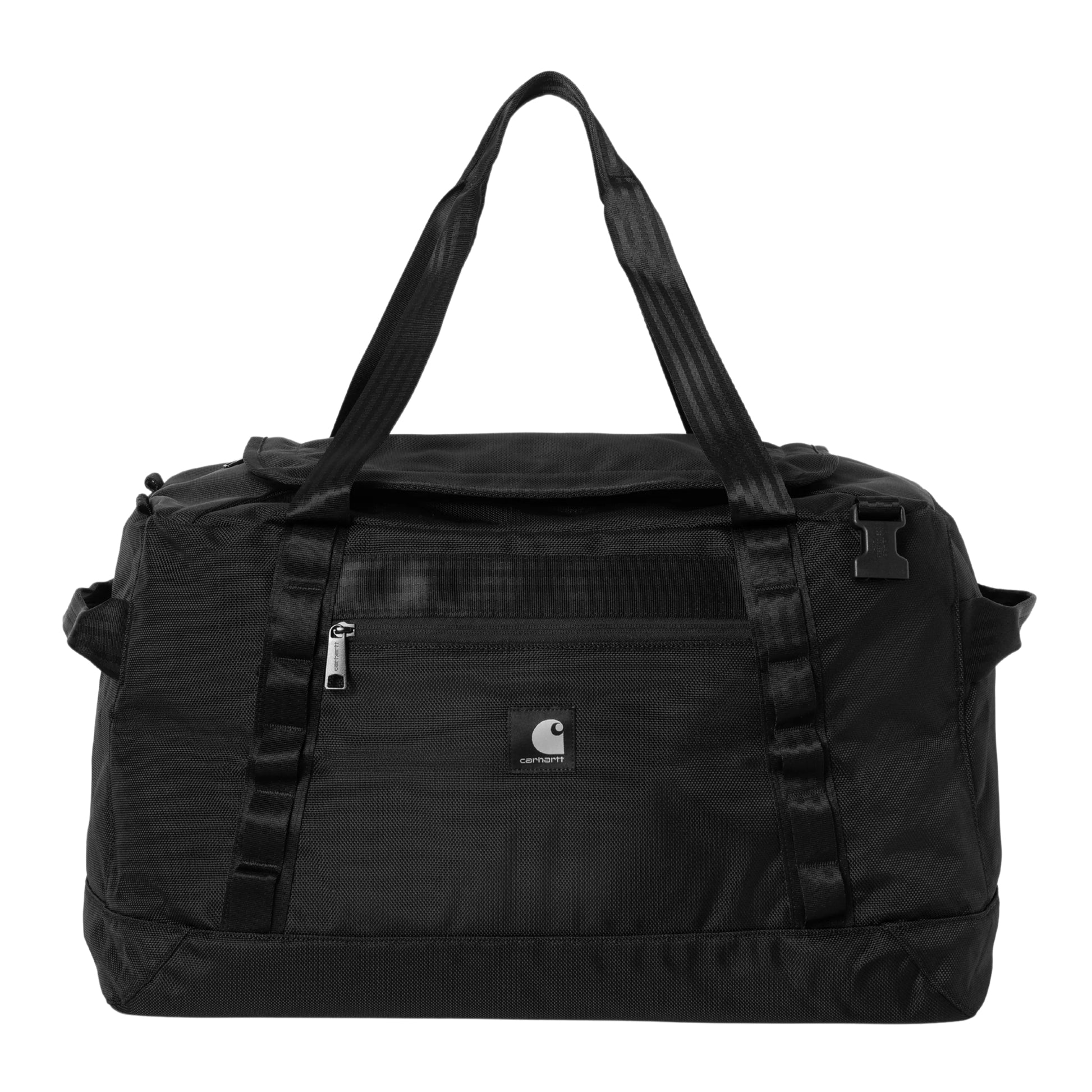 Mala de viagem Carhartt WIP Richmond Small Duffle Bag em Black — vista frontal, produto sem modelo, aba superior com fecho de correr e duas pegas superiores em nylon preto, bolso frontal com fecho de correr e puxador prateado à esquerda, etiqueta quadrada em tecido com logótipo "C" Carhartt branco e texto "carhartt" ao centro, fivelas de compressão laterais pretas com mosquetões, argola metálica preta para tira de ombro visível à direita, nylon de textura pesada preto, fundo branco.