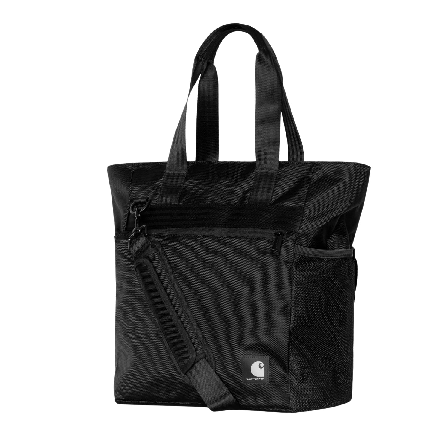 Tote bag Carhartt WIP Richmond em Black — vista frontal a 3/4, produto sem modelo, duas pegas superiores em nylon preto, fecho de correr do compartimento principal na parte superior, bolso frontal com fecho de correr e fivela metálica preta, bolso lateral em mesh preto visível à direita, alça ajustável e amovível para o ombro presa à lateral esquerda, etiqueta quadrada em tecido com logótipo Carhartt WIP branco no canto inferior direito, nylon texturado preto impermeável, fundo branco.
