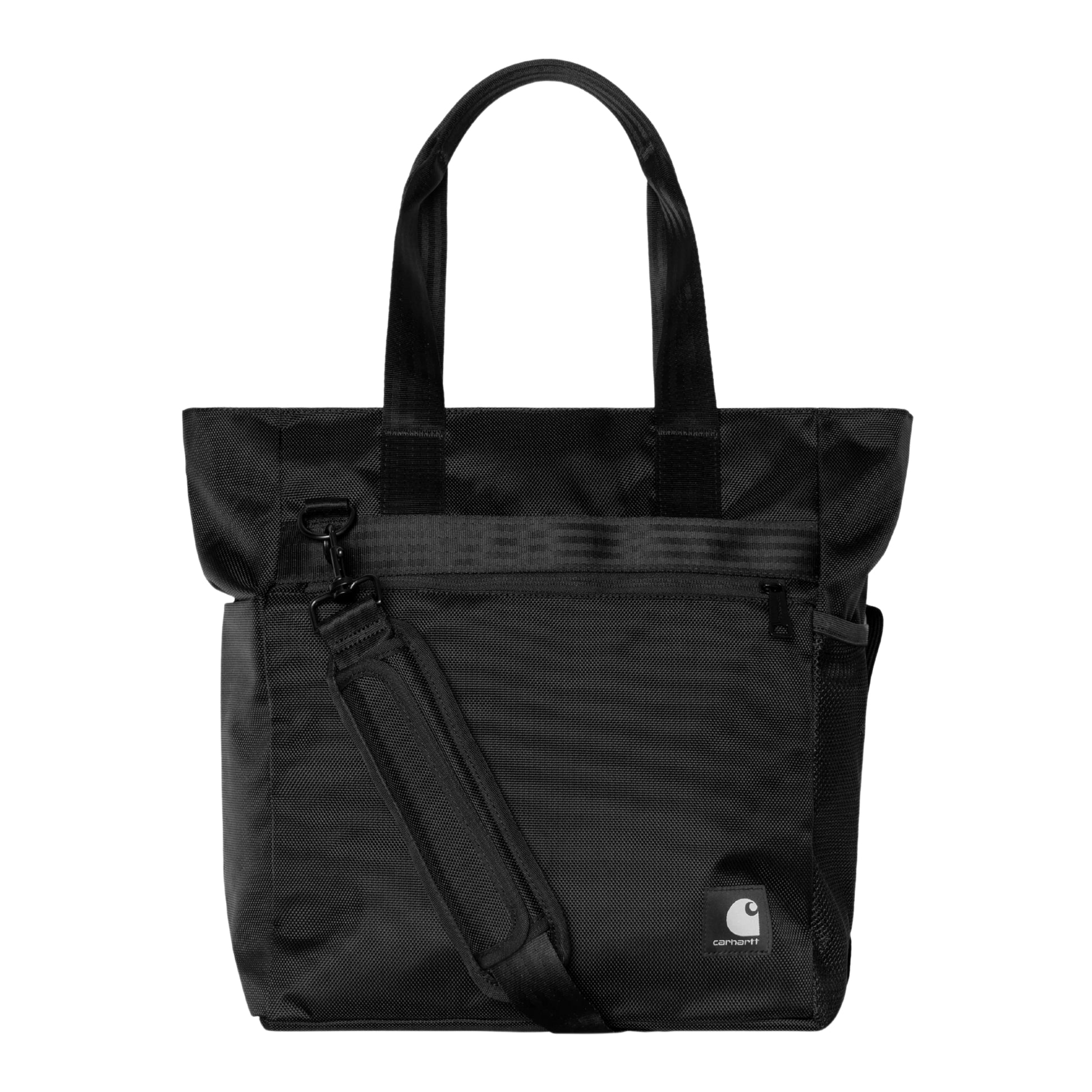 Tote bag Carhartt WIP Richmond em Black — vista frontal, produto sem modelo, duas pegas superiores em nylon preto, fecho de correr do compartimento principal na parte superior, bolso frontal com fecho de correr e fivela metálica preta, alça ajustável e amovível para o ombro presa à lateral esquerda, etiqueta quadrada em tecido com logótipo Carhartt WIP branco no canto inferior direito, nylon texturado preto impermeável, fundo branco.