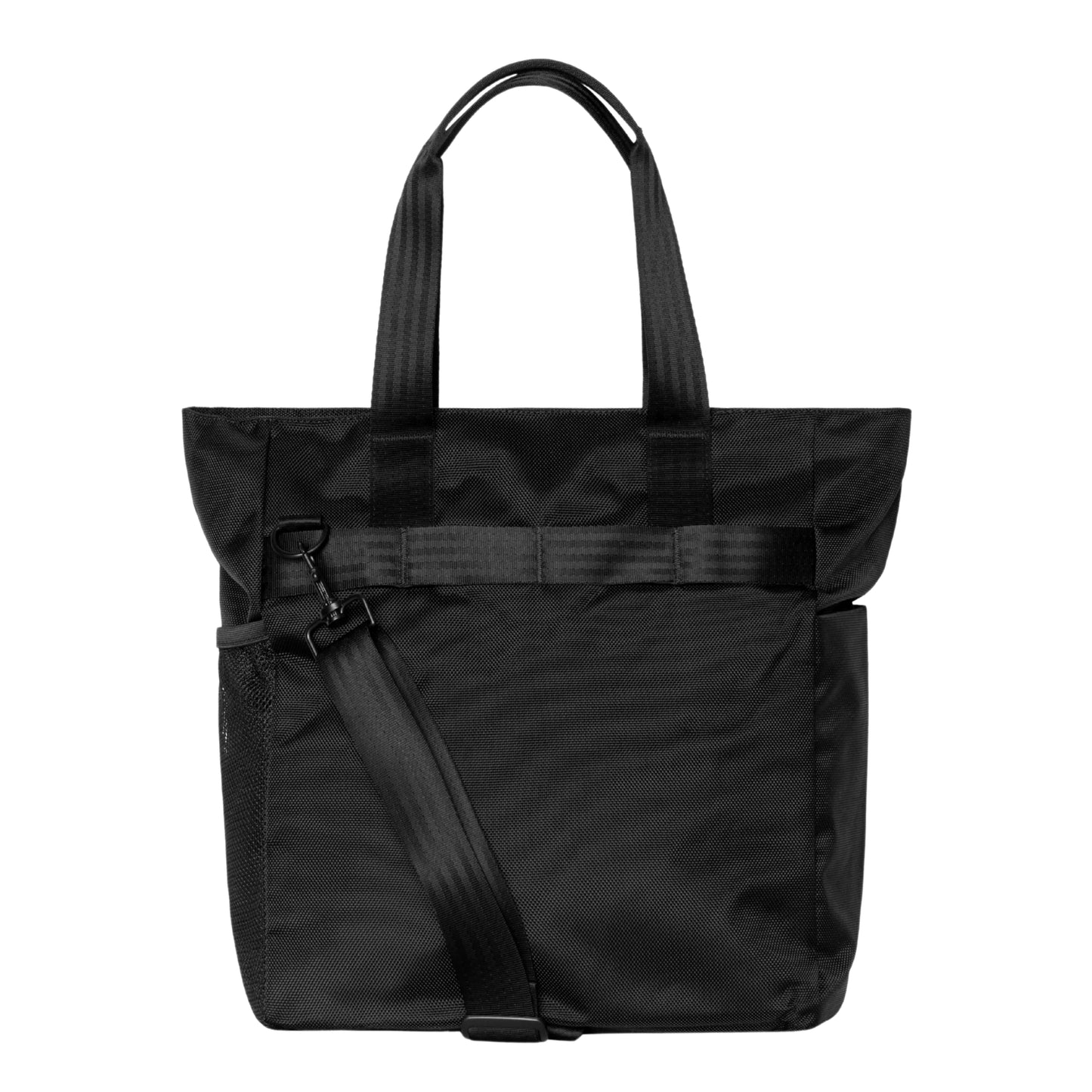 Tote bag Carhartt WIP Richmond em Black — vista traseira, produto sem modelo, duas pegas superiores em nylon preto, fecho de correr do compartimento principal na parte superior, bolso frontal com fecho de correr e fivela metálica preta, alça ajustável e amovível para o ombro presa à lateral esquerda, nylon texturado preto impermeável, fundo branco.