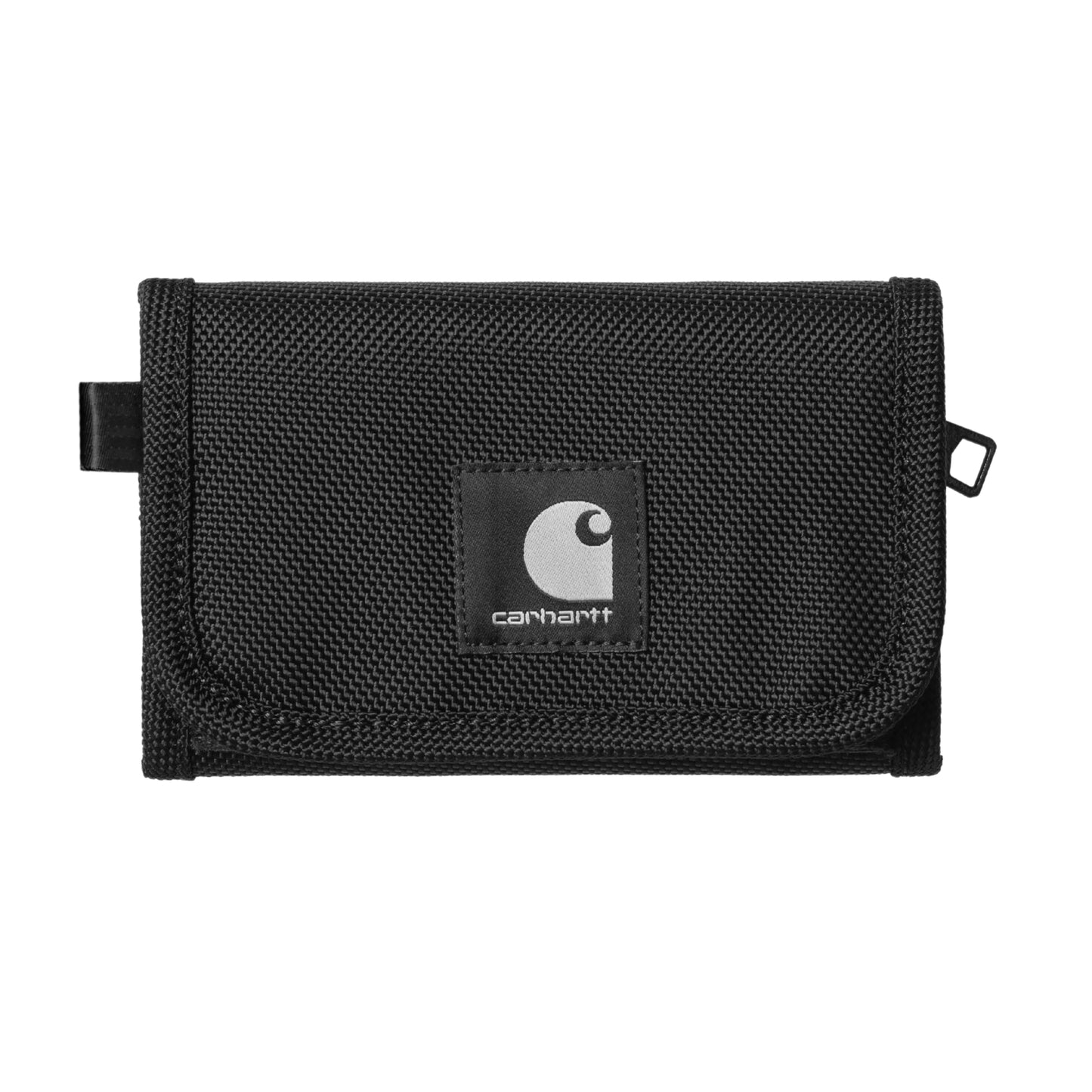 Carteira Carhartt WIP Richmond Wallet em Black — vista frontal fechada, nylon de textura pesada preto com padrão diagonal entrançado, etiqueta quadrada em tecido preto com logótipo "C" Carhartt em cinzento claro e texto "carhartt" branco ao centro, fecho Velcro® na aba inferior, argola metálica preta lateral esquerda e puxador de fecho preto lateral direito, fundo branco.
