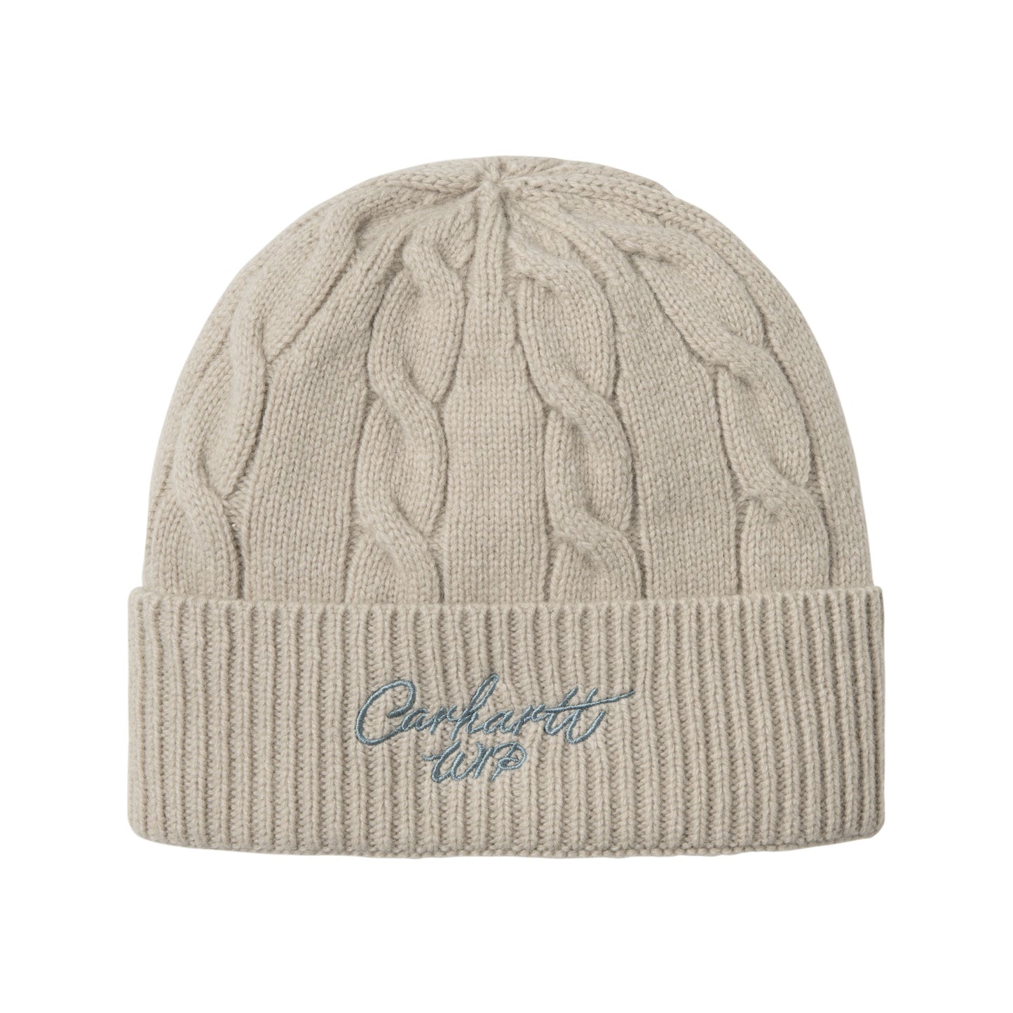 Gorro unissexo Carhartt WIP Signature Cable em Fleur De Sel / Citadel. Foto da parte da frente.