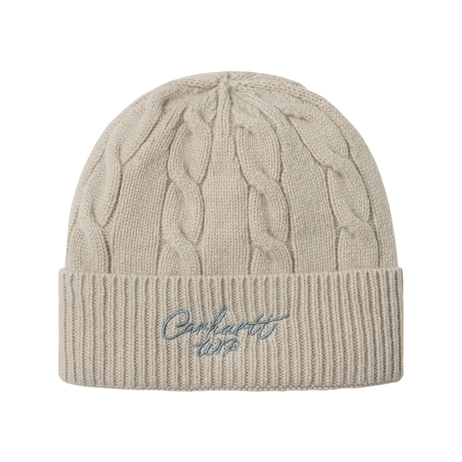 Gorro unissexo Carhartt WIP Signature Cable em Fleur De Sel / Citadel. Foto da parte da frente.