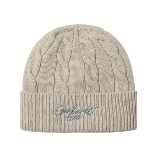 Gorro unissexo Carhartt WIP Signature Cable em Fleur De Sel / Citadel. Foto da parte da frente.