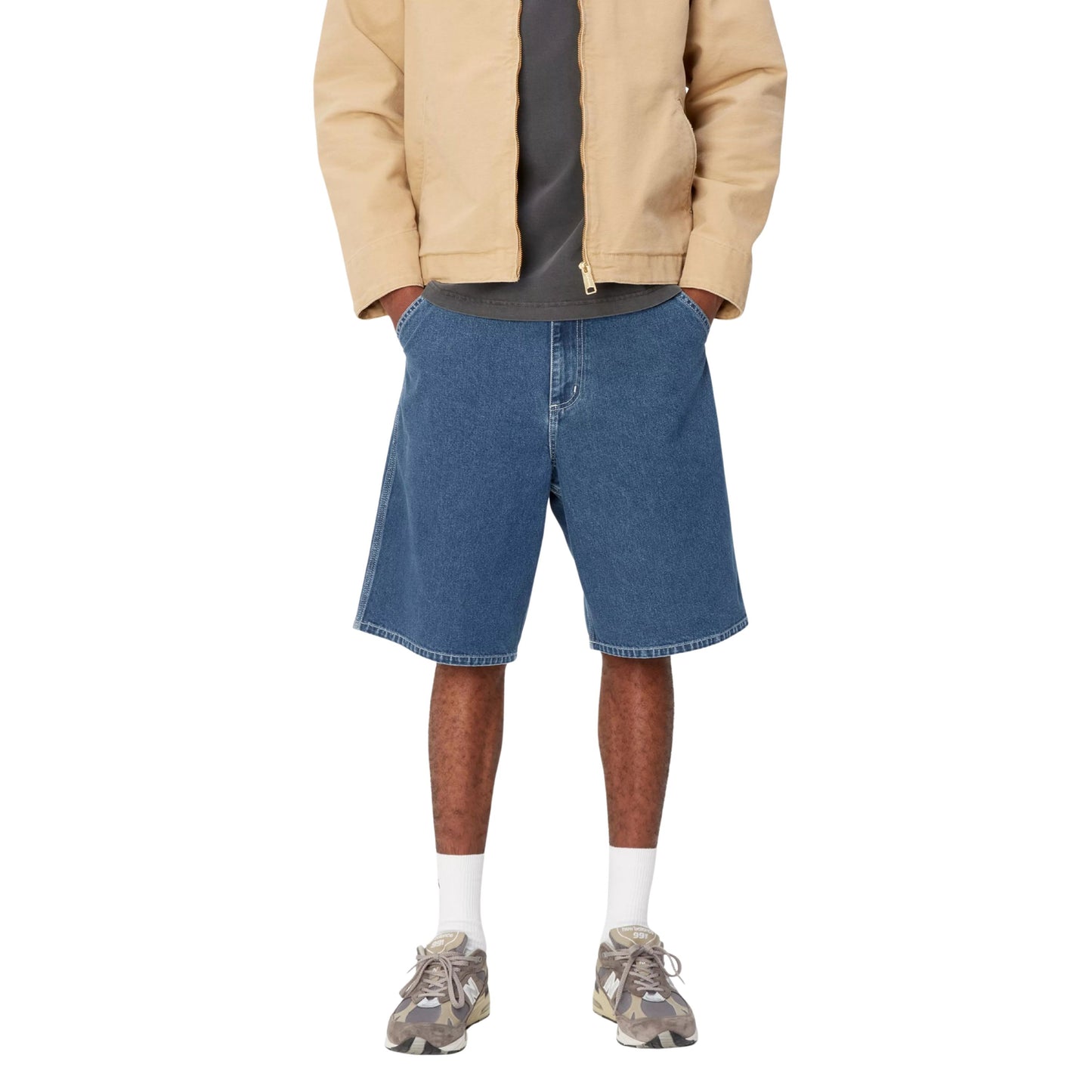Calções de ganga para homem Carhartt WIP Simple em Azul stone washed. Foto da parte da frente, vestido.
