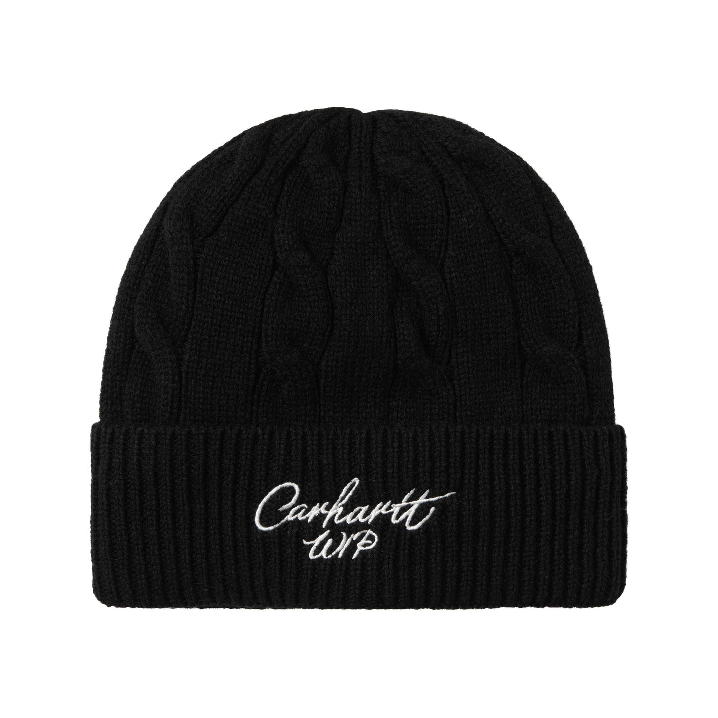 Gorro unissexo Carhartt WIP Singnature Cable em Preto/Salt. Foto da parte da frente.