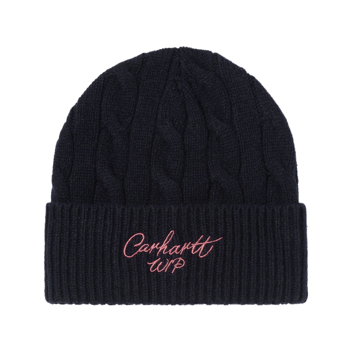Gorro unissexo Carhartt WIP Singnature Cable em Deep Night/Glassy Pink. Foto da parte da frente.
