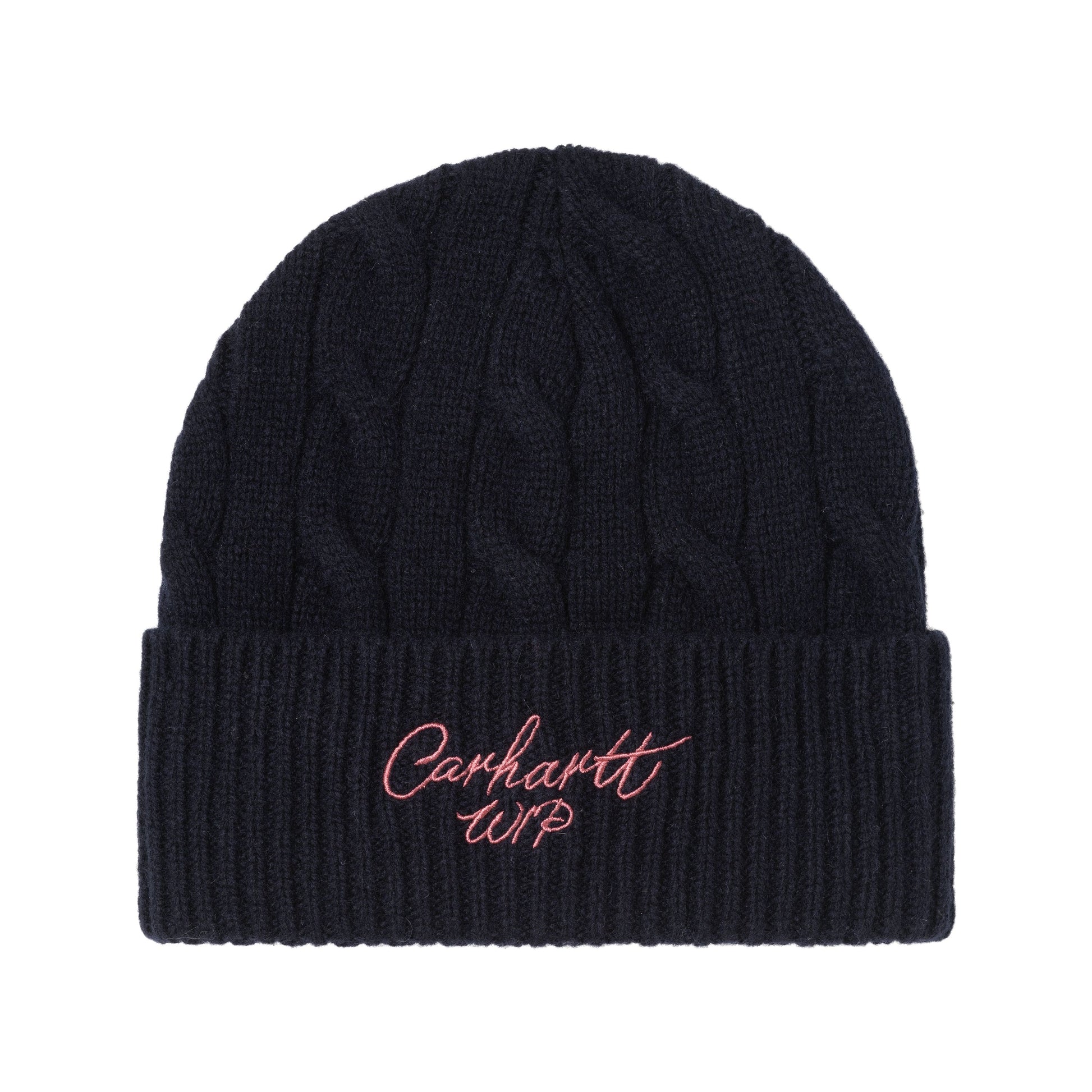 Gorro unissexo Carhartt WIP Singnature Cable em Deep Night/Glassy Pink. Foto da parte da frente.