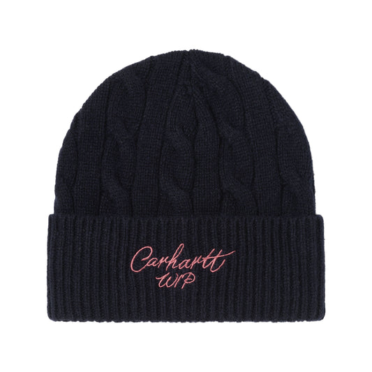 Gorro unissexo Carhartt WIP Singnature Cable em Deep Night/Glassy Pink. Foto da parte da frente.