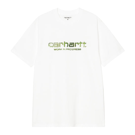 T-shirt de manga curta para homem Carhartt WIP Solar Chrome Script em Branco. Foto da parte da frente.