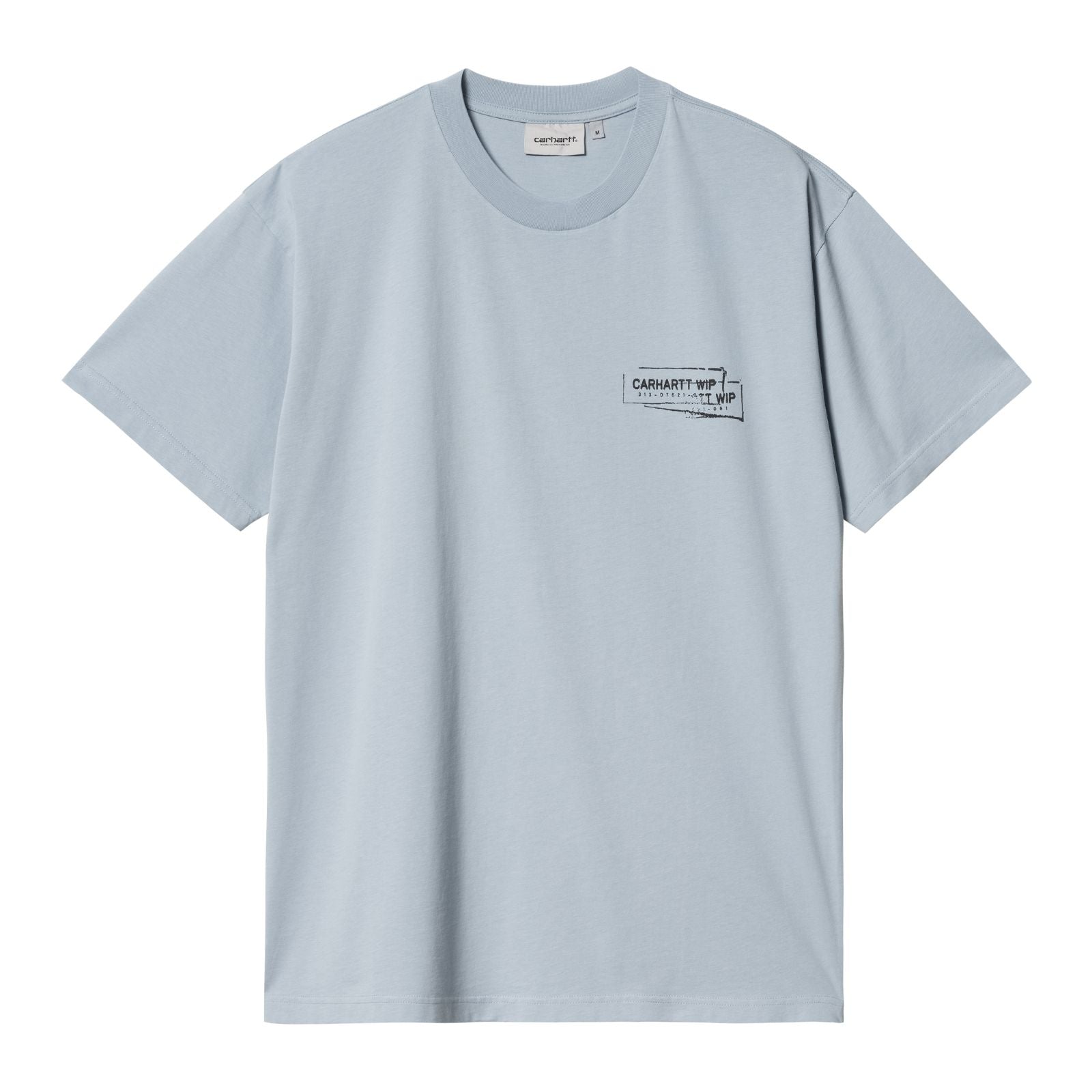 Carhartt WIP Stamp Short Sleeve T-Shirt Misty Sky/Black. Foto da parte da frente.