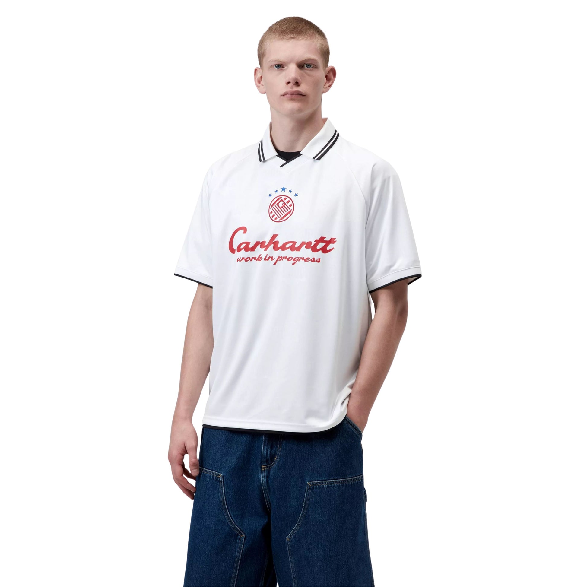 T-Shirt de futebol com manga curta para homem Carhartt WIP Terrace em Heart Train Jacquard, Branco. Foto da parte da frente, vestida.