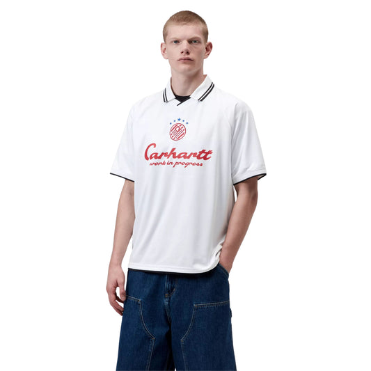 T-Shirt de futebol com manga curta para homem Carhartt WIP Terrace em Heart Train Jacquard, Branco. Foto da parte da frente, vestida.