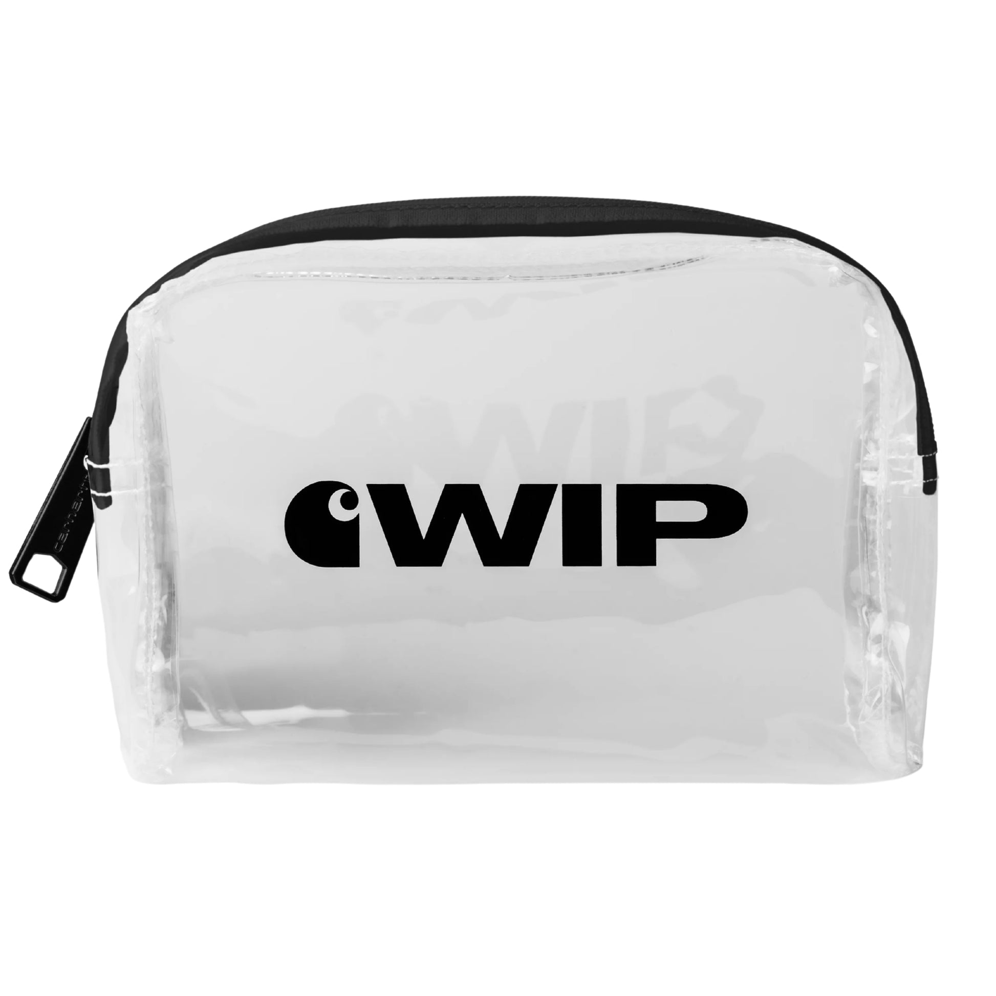 Bolsa de viagem Carhartt WIP Travel Case em Clear — vista frontal, estojo compacto em TPU transparente com impressão gráfica preta "©WIP" ao centro, compartimento principal com fecho de correr preto e puxador lateral, fundo branco.
