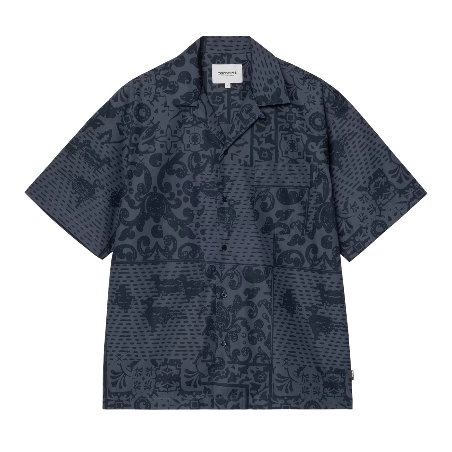 Camisa de manga curta para homem Carhartt WIP Vestige em padrão Vestige, Azul. Foto da parte da frente.