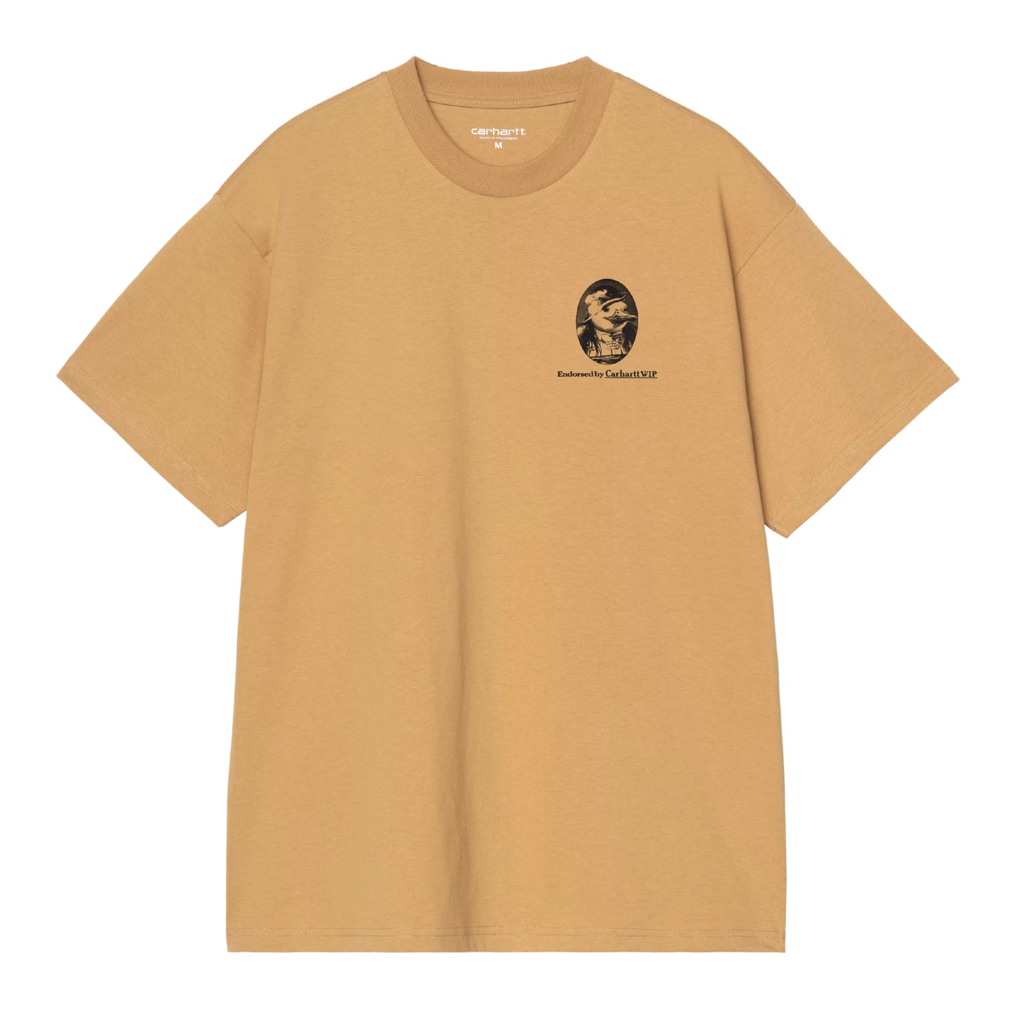 T-shirt de manga curta Carhartt WIP S/S Vote em WIP Dusty H — vista de frente sem modelo, corpo inteiro, gráfico The Mayor em miniatura no peito esquerdo com texto Endorsed by Carhartt WIP, etiqueta Carhartt na gola, decote redondo, loose fit, fundo branco.
