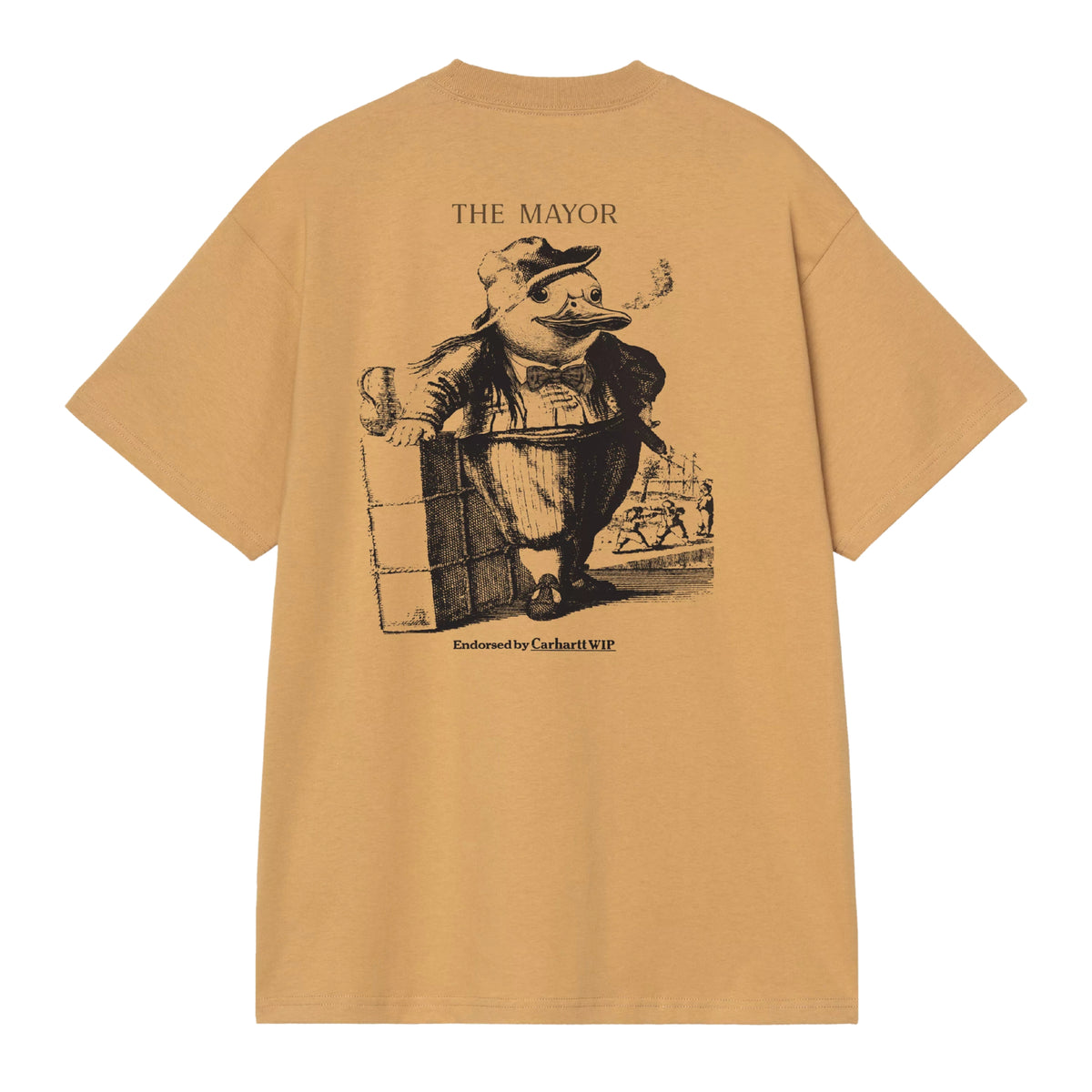 T-shirt de manga curta Carhartt WIP S/S Vote em WIP Dusty H — vista de costas sem modelo, corpo inteiro, gráfico The Mayor com pato de fato apoiado numa grade, gravata borboleta, texto THE MAYOR e Endorsed by Carhartt WIP, fundo branco.