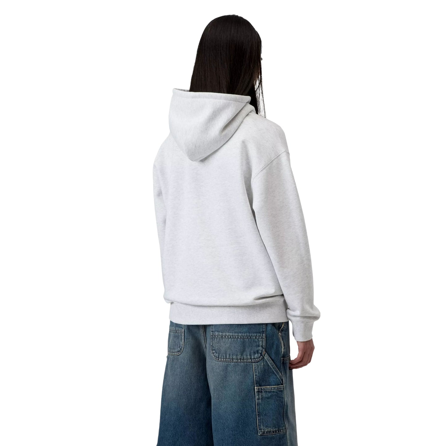 Sweat com carapuço para mulher Carhartt WIP W' Carhartt em Ash Heather / Velvet Green. Foto da parte de trás, vestida.