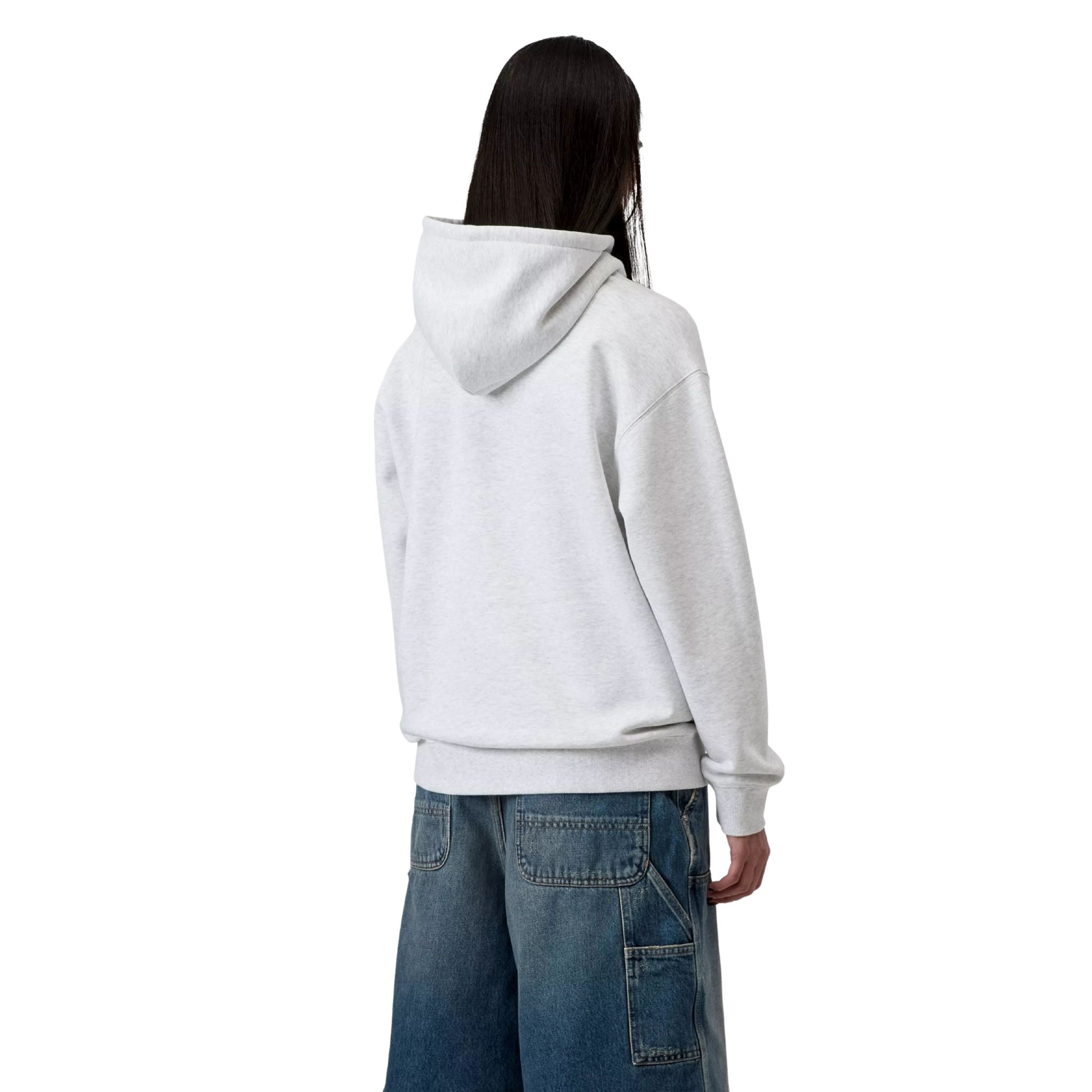 Sweat com carapuço para mulher Carhartt WIP W' Carhartt em Ash Heather / Velvet Green. Foto da parte de trás, vestida.