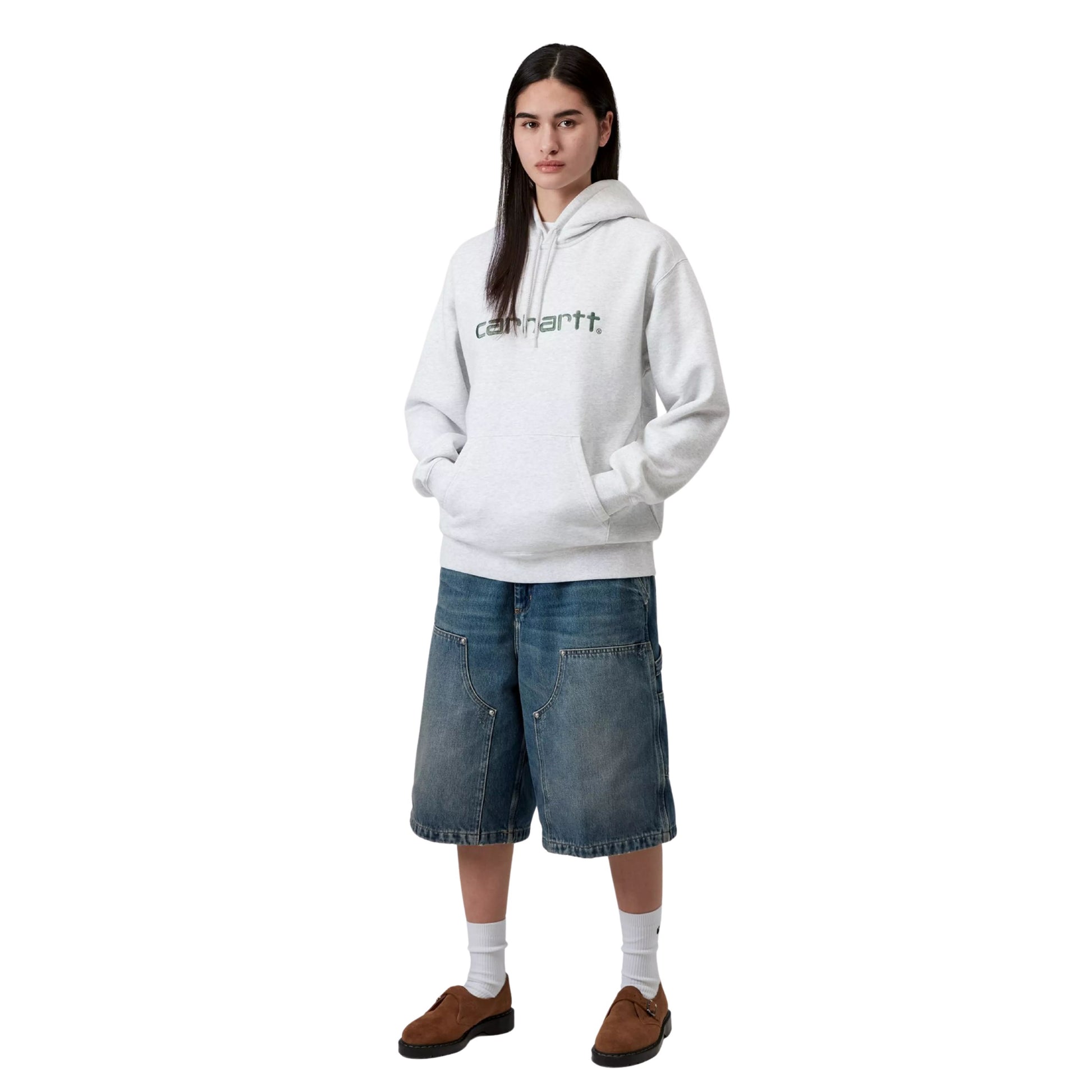 Sweat com carapuço para mulher Carhartt WIP W' Carhartt em Ash Heather / Velvet Green. Foto da parte da frente, vestida.