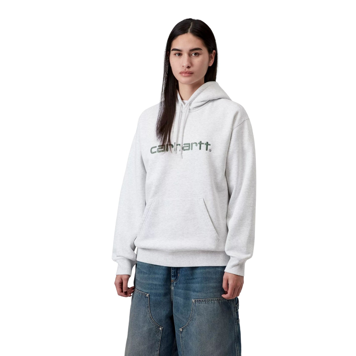 Sweat com carapuço para mulher Carhartt WIP W' Carhartt em Ash Heather / Velvet Green. Foto da parte da frente, vestida.