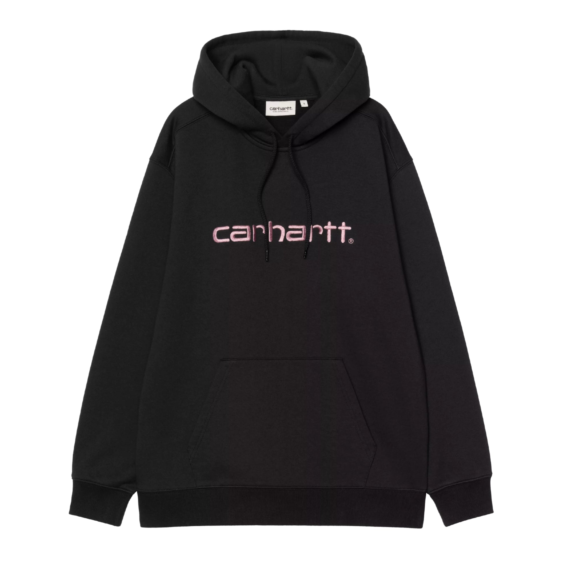Sweat com carapuço para mulher Carhartt WIP W' Hooded Carhartt Sweatshirt em Black / Hortensia — produto sem modelo, vista frontal, detalhe do logo Script "carhartt." bordado em Hortensia, capota com cordão e bolso canguru visíveis.
