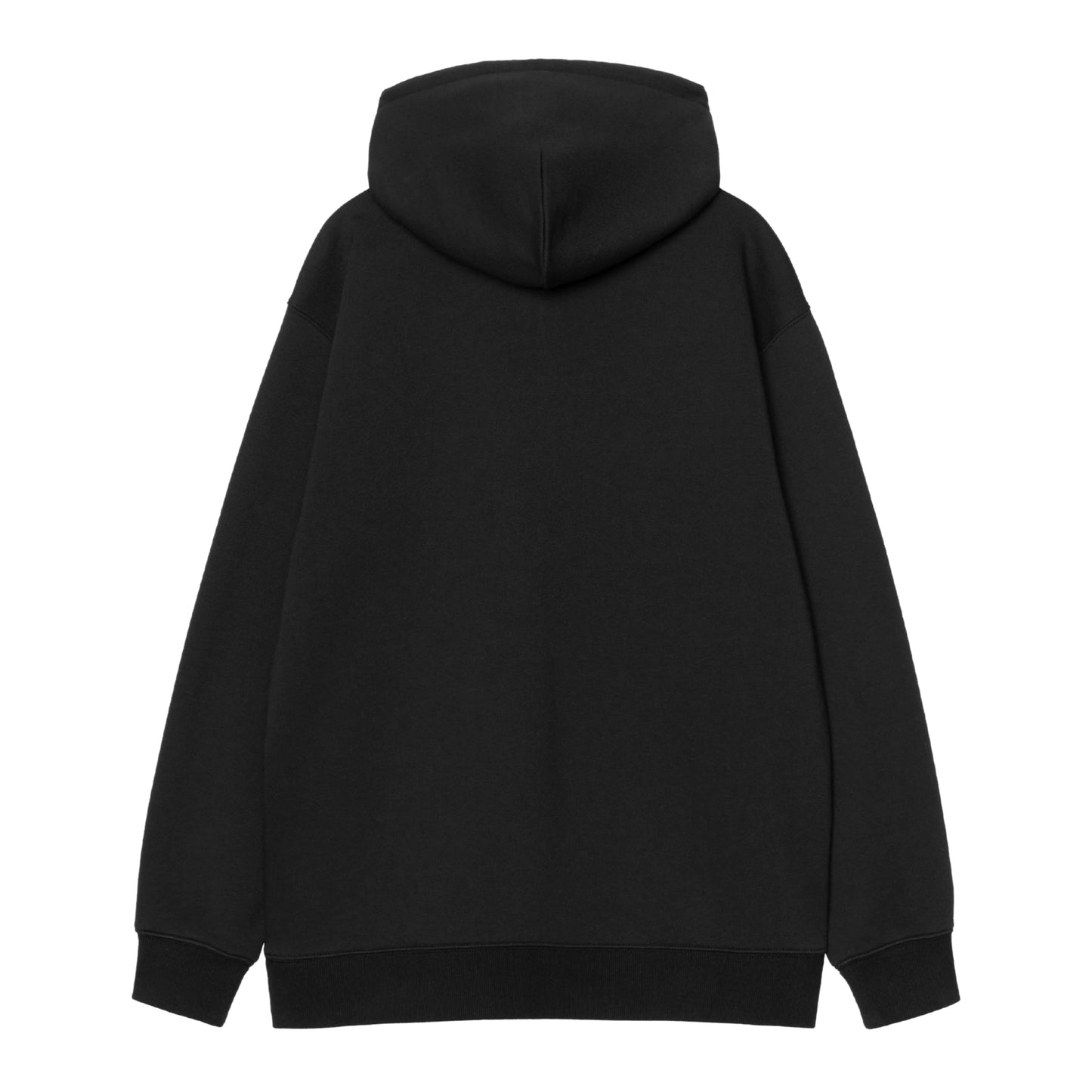 Sweat com carapuço para mulher Carhartt WIP W' Hooded Carhartt Sweatshirt em Black / Hortensia — produto sem modelo, vista traseira, costas limpas, capota e nervuras nos punhos e parte inferior visíveis.