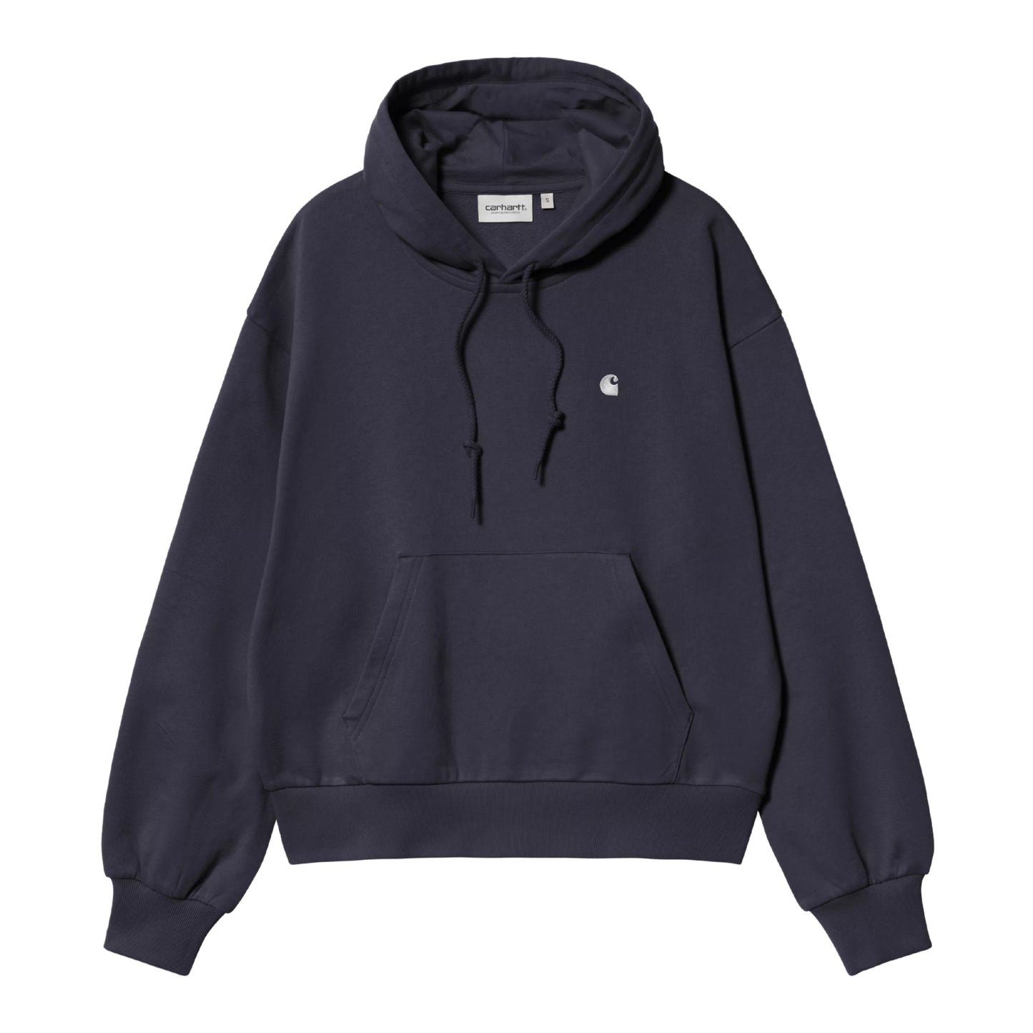 Camisola com capuz Carhartt WIP W' Hooded Casey Sweatshirt em Dark Navy — vista frontal, produto sem modelo, algodão pesado azul-marinho escuro, corte balão com ombros caídos, capuz com cordão duplo, bolso de canguru largo, logótipo "C" prateado no peito esquerdo, punhos e barra canelados, etiqueta "carhartt" interior visível no colarinho, fundo branco.