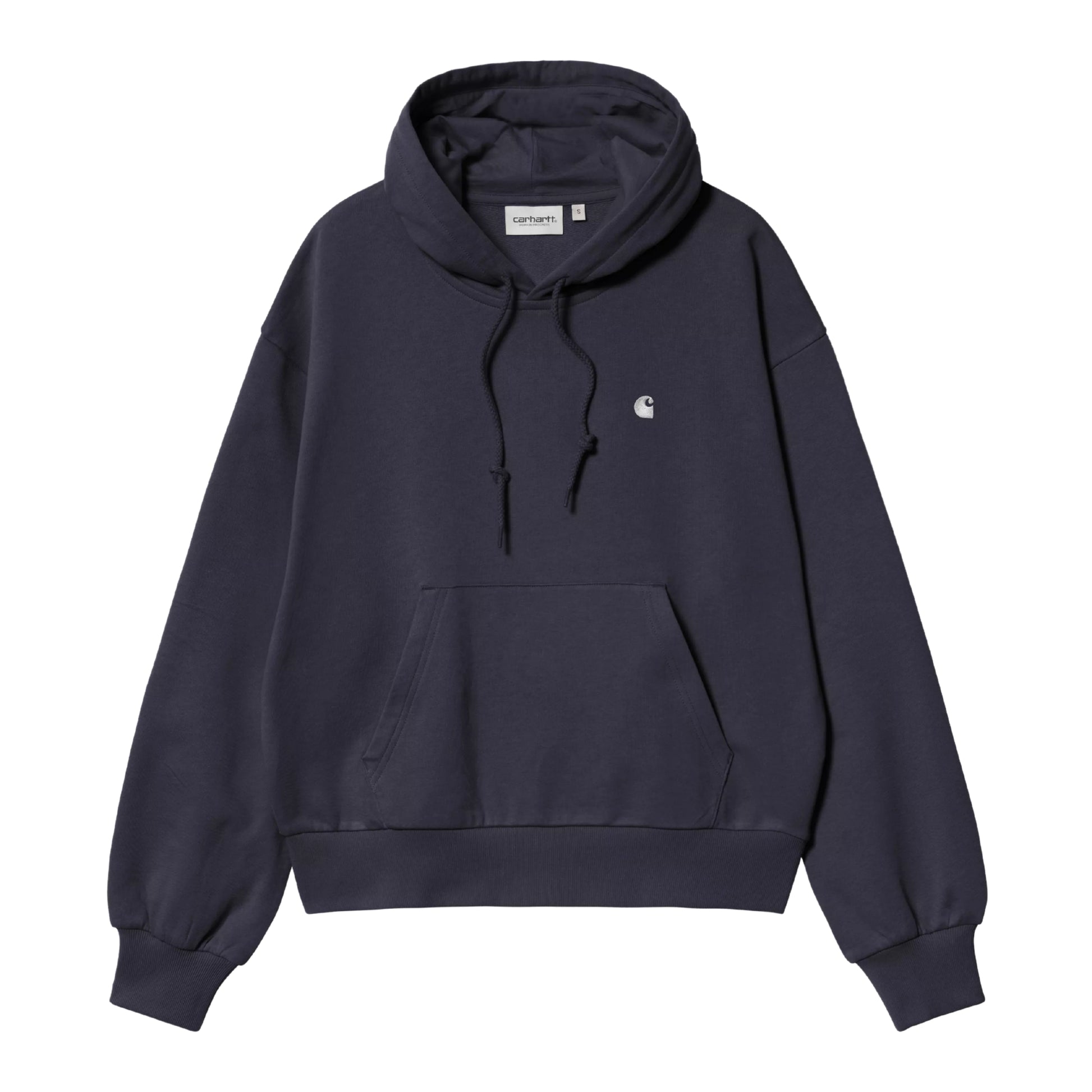 Camisola com capuz Carhartt WIP W' Hooded Casey Sweatshirt em Dark Navy — vista frontal, produto sem modelo, algodão pesado azul-marinho escuro, corte balão com ombros caídos, capuz com cordão duplo, bolso de canguru largo, logótipo "C" prateado no peito esquerdo, punhos e barra canelados, etiqueta "carhartt" interior visível no colarinho, fundo branco.