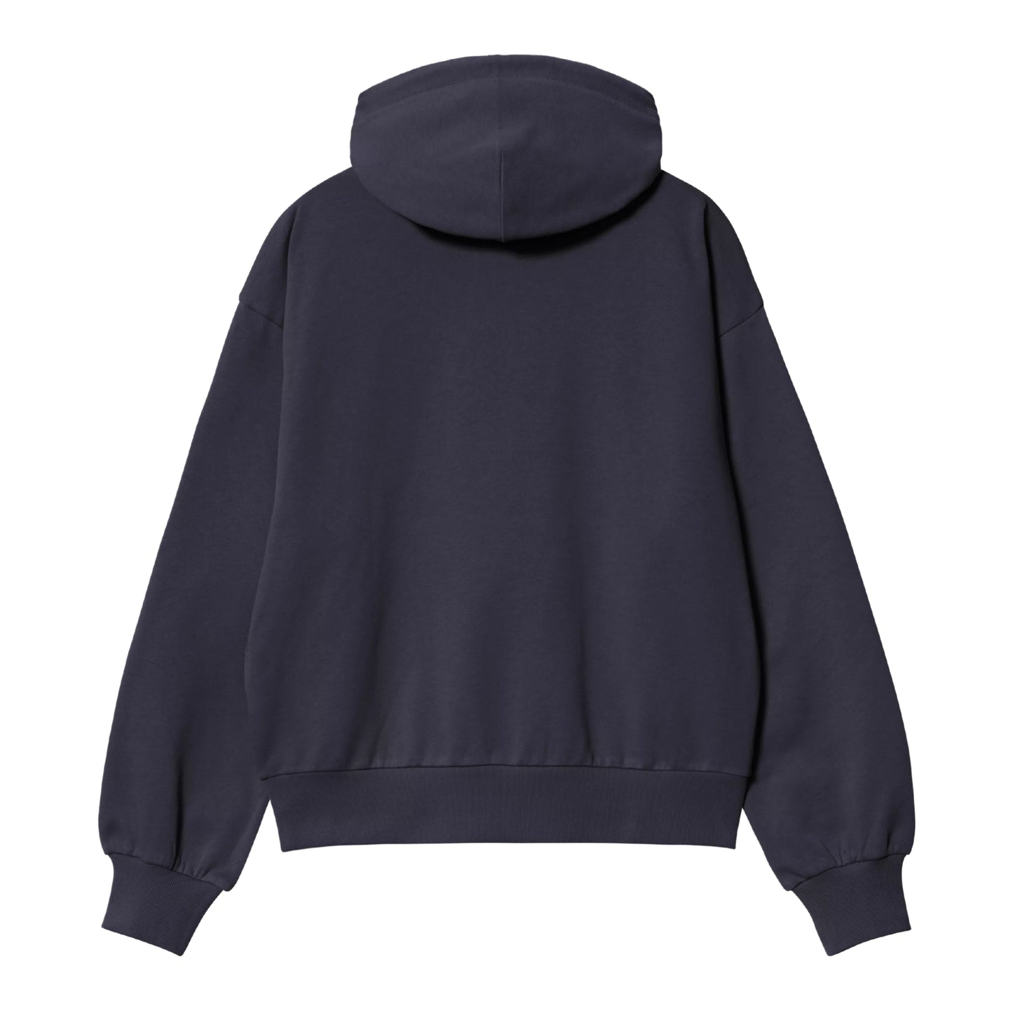 Camisola com capuz Carhartt WIP W' Hooded Casey Sweatshirt em Dark Navy — vista traseira, produto sem modelo, algodão pesado azul-marinho escuro, corte balão com ombros caídos e mangas largas, capuz volumoso com costuras visíveis, barra e punhos canelados, costas lisas sem grafismo, fundo branco.