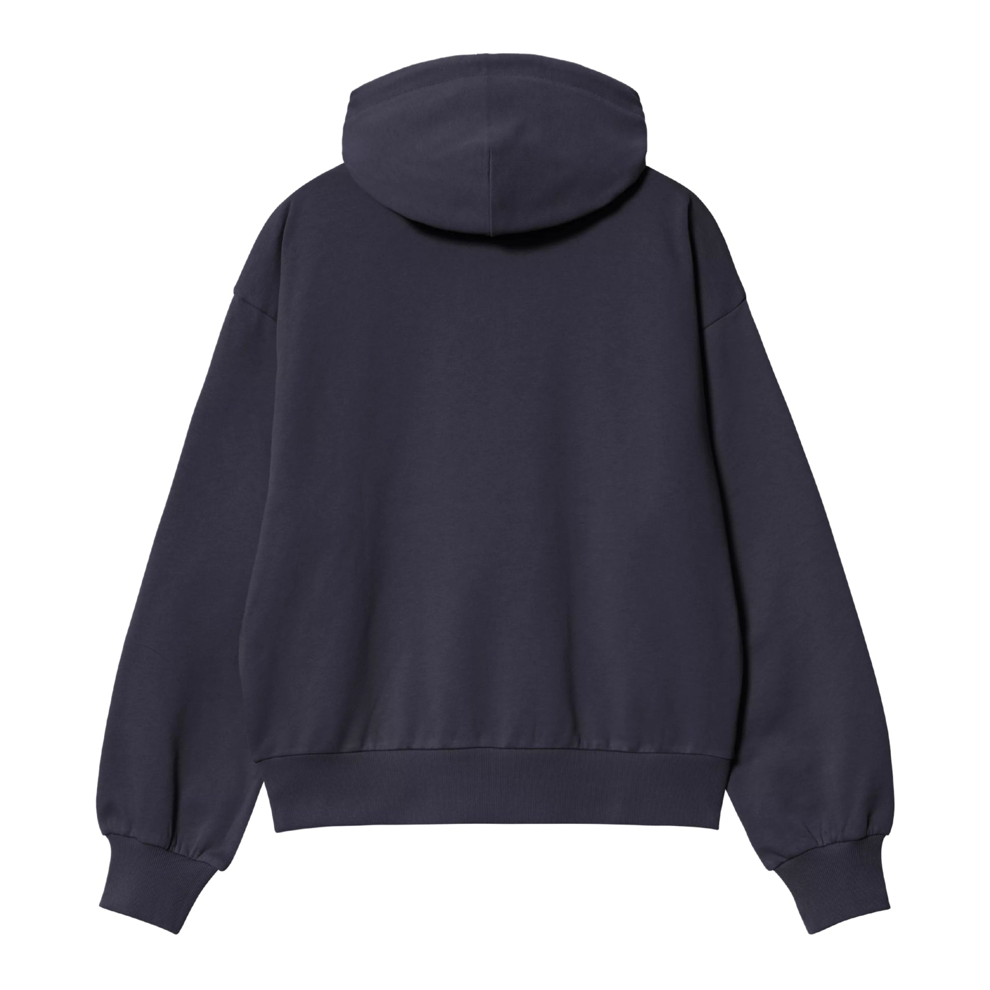 Camisola com capuz Carhartt WIP W' Hooded Casey Sweatshirt em Dark Navy — vista traseira, produto sem modelo, algodão pesado azul-marinho escuro, corte balão com ombros caídos e mangas largas, capuz volumoso com costuras visíveis, barra e punhos canelados, costas lisas sem grafismo, fundo branco.
