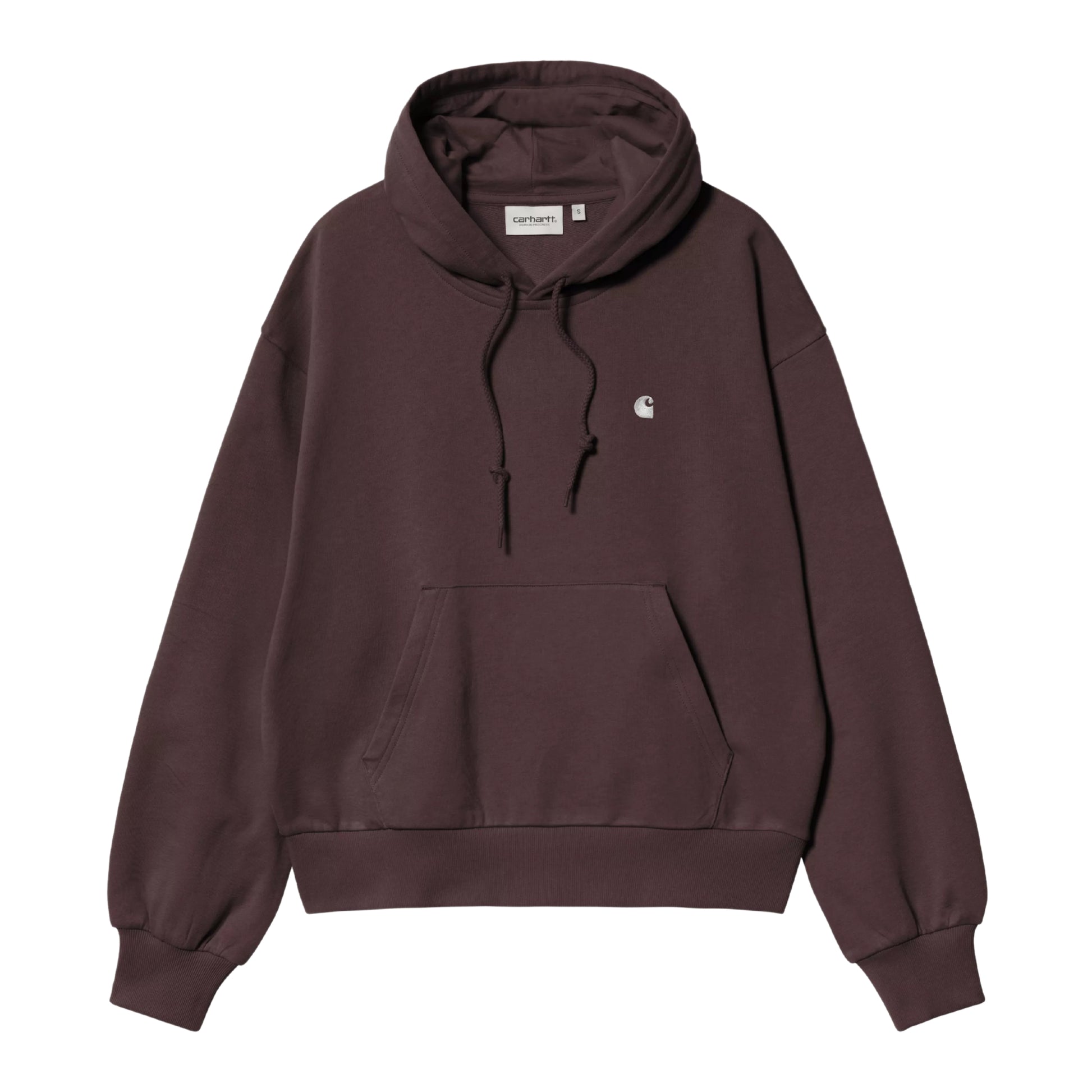 Sweat com carapuço para mulher Carhartt WIP W' Hooded Casey Sweatshirt em Palisander / Silver — produto sem modelo, vista frontal, detalhe do logo "C" prateado no peito e bolso canguru.