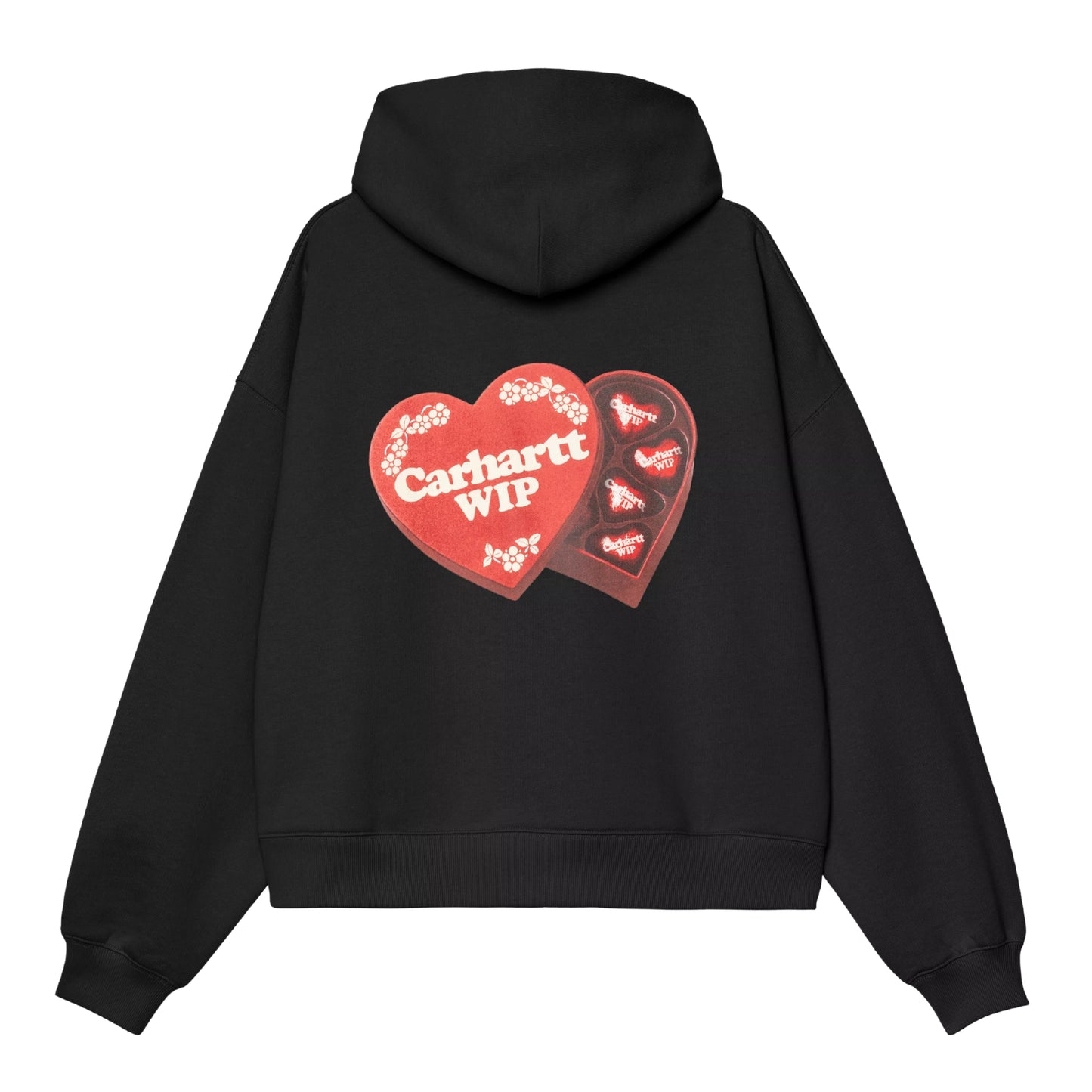 Camisola com capuz Carhartt WIP W' Hooded Hartt Case Sweat em Black — vista traseira, produto sem modelo, gráfico Hartt Case impresso ao centro das costas: caixa de chocolates dupla em formato de coração aberta, tampa vermelha com texto "Carhartt WIP" em creme e motivos florais bege, interior com seis bombons individuais em formato de coração com logótipo Carhartt WIP visível, capuz volumoso, punhos e bainha canelados, malha de algodão escovada preta, fundo branco.