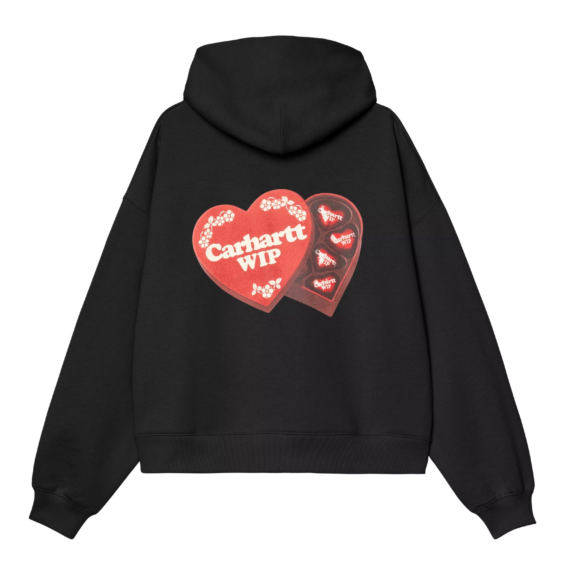 Camisola com capuz Carhartt WIP W' Hooded Hartt Case Sweat em Black — vista traseira, produto sem modelo, gráfico Hartt Case impresso ao centro das costas: caixa de chocolates dupla em formato de coração aberta, tampa vermelha com texto "Carhartt WIP" em creme e motivos florais bege, interior com seis bombons individuais em formato de coração com logótipo Carhartt WIP visível, capuz volumoso, punhos e bainha canelados, malha de algodão escovada preta, fundo branco.