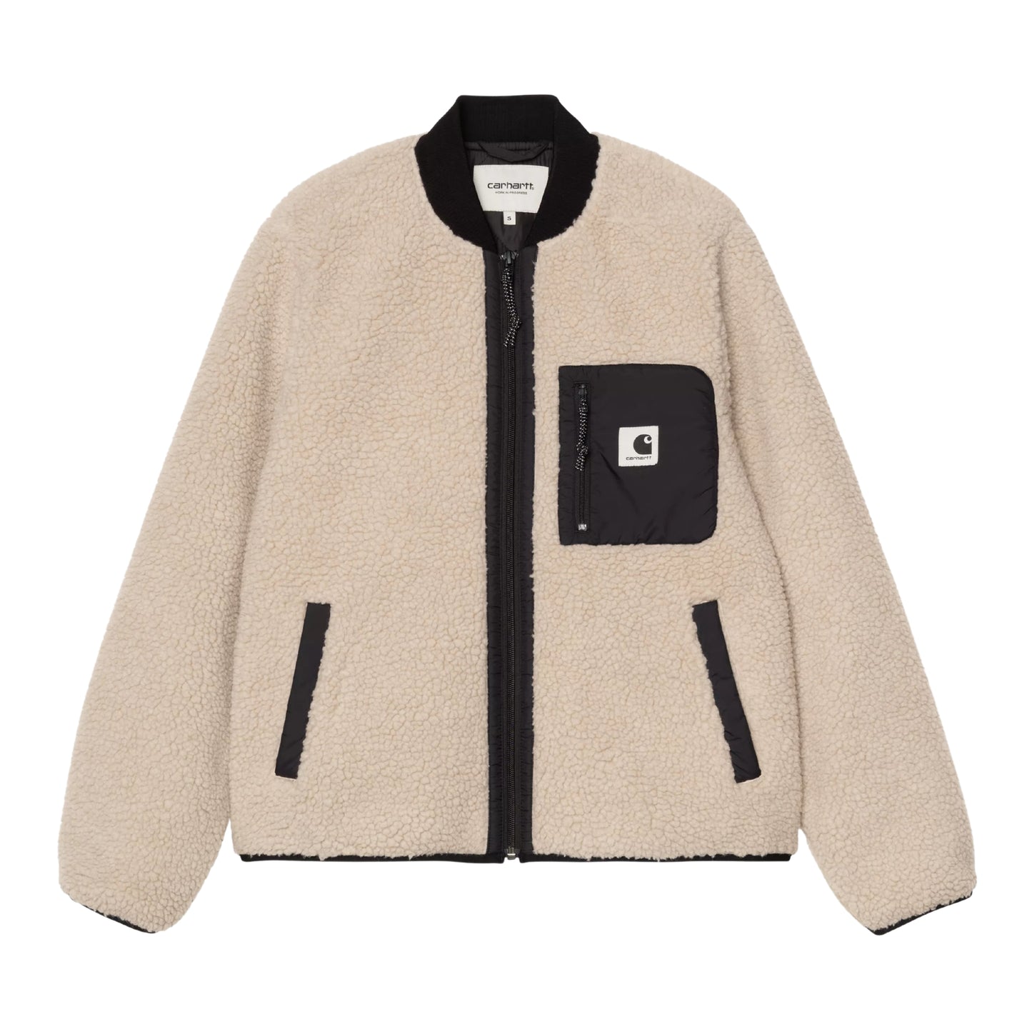 Casaco polar Carhartt WIP W' Janet Liner em Fleur De Sel / Black — vista frontal, produto sem modelo, gola canelada preta com etiqueta interior "carhartt." branca e indicação de tamanho S, fecho de correr frontal preto com puxador metálico, bolso de peito esquerdo em tafetá de nylon preto com fecho de correr e etiqueta Square Label Carhartt woven branca, dois bolsos laterais com debrum em nylon preto, pile de poliéster texturado bege areia Fleur de Sel, punhos e bainha canelados pretos, fundo branco.