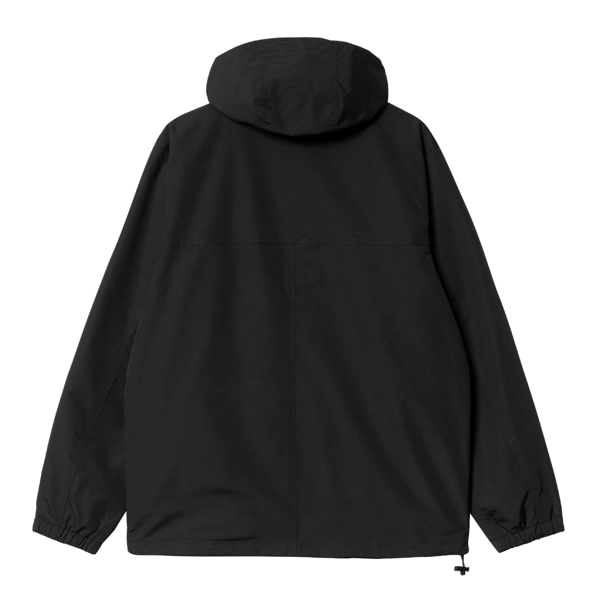 Anorak Carhartt WIP Windbreaker Pullover em Black / White — vista traseira, produto sem modelo, capuz volumoso, costas lisas sem gráfico com costuras estruturais, punhos elásticos, bainha com cordão de ajuste e puxador plástico preto, corte oversize com ombros descaídos, nylon Supplex® preto Black, fundo branco.