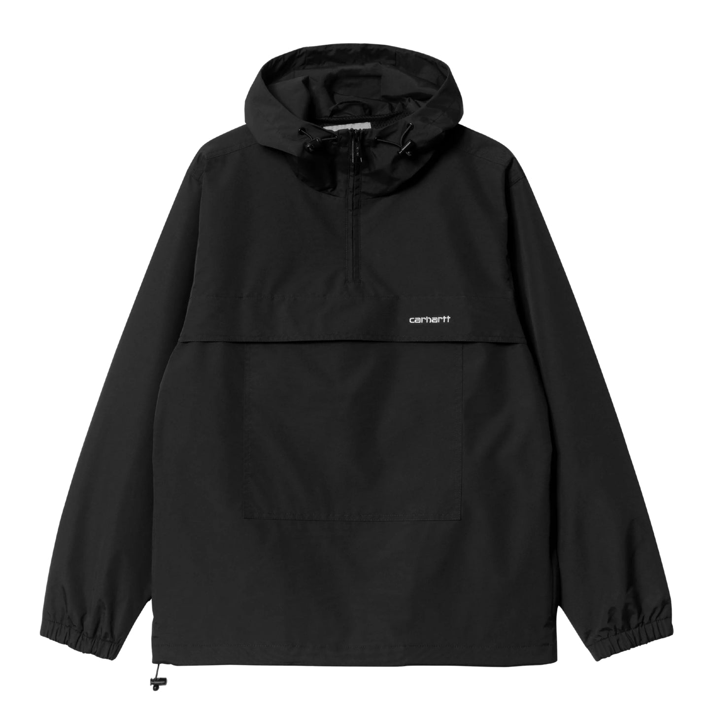 Anorak Carhartt WIP Windbreaker Pullover em Black / White — vista frontal, produto sem modelo, capuz ajustável com cordão de duplo ajustador preto, fecho de correr a meio do peito com puxador preto, logótipo Script "carhartt." bordado à esquerda do peito em White, bolso frontal com fecho de correr, punhos elásticos, cordão de ajuste na bainha com puxador plástico preto, nylon Supplex® preto Black, fundo branco.