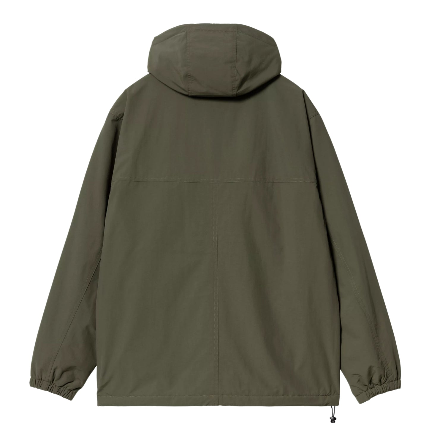 Anorak Carhartt WIP Windbreaker Pullover em Cypress / Black — vista traseira, produto sem modelo, capuz volumoso, costas lisas sem gráfico com costuras estruturais, punhos elásticos, bainha com cordão de ajuste e ponteira preta, corte oversize com ombros descaídos, nylon Supplex® verde militar Cypress, fundo branco.