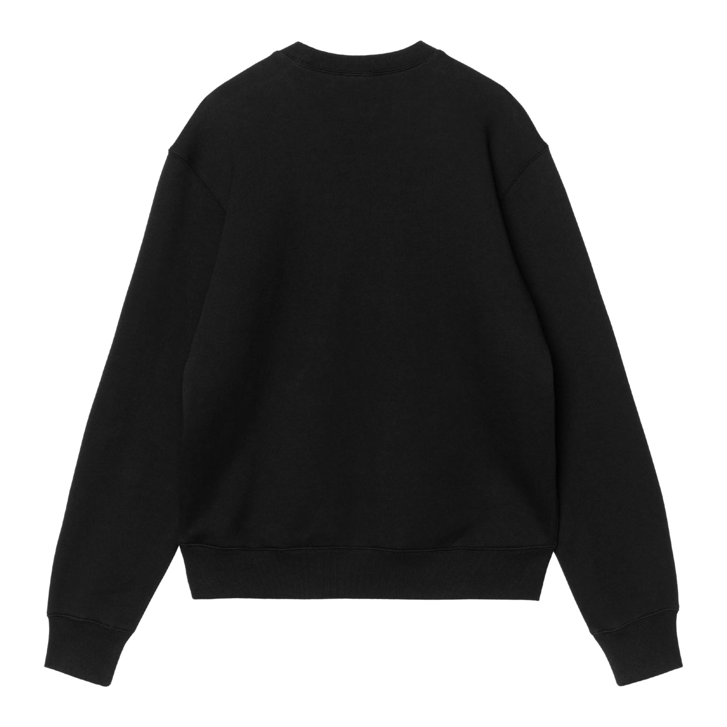 Camisola Carhartt WIP Wireless Sweat em Black / Wax — vista traseira, produto sem modelo, costas limpas sem gráfico, malha de algodão escovada preta, decote redondo canelado, punhos e bainha canelados, corte solto com ombros descaídos, fundo branco.
