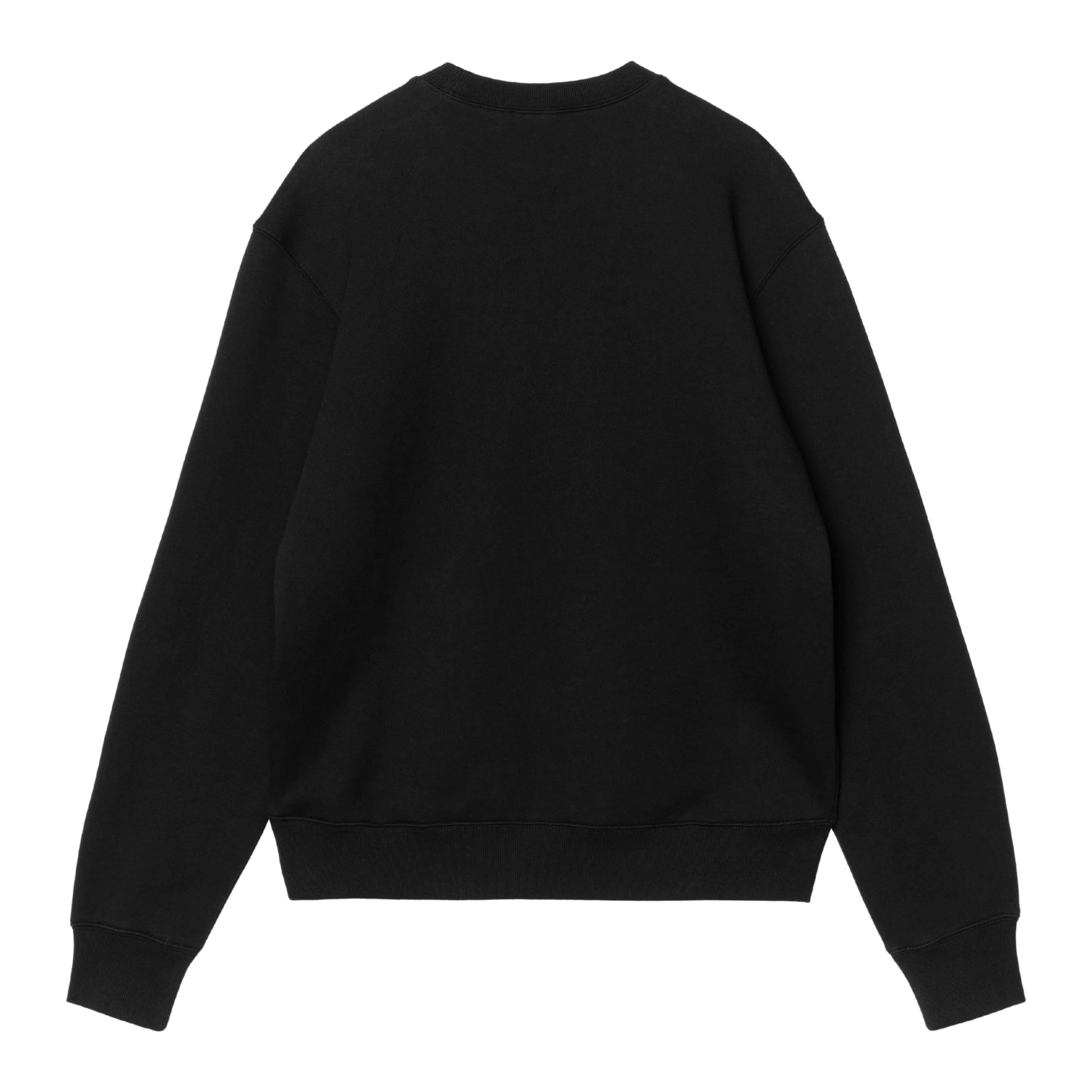 Camisola Carhartt WIP Wireless Sweat em Black / Wax — vista traseira, produto sem modelo, costas limpas sem gráfico, malha de algodão escovada preta, decote redondo canelado, punhos e bainha canelados, corte solto com ombros descaídos, fundo branco.