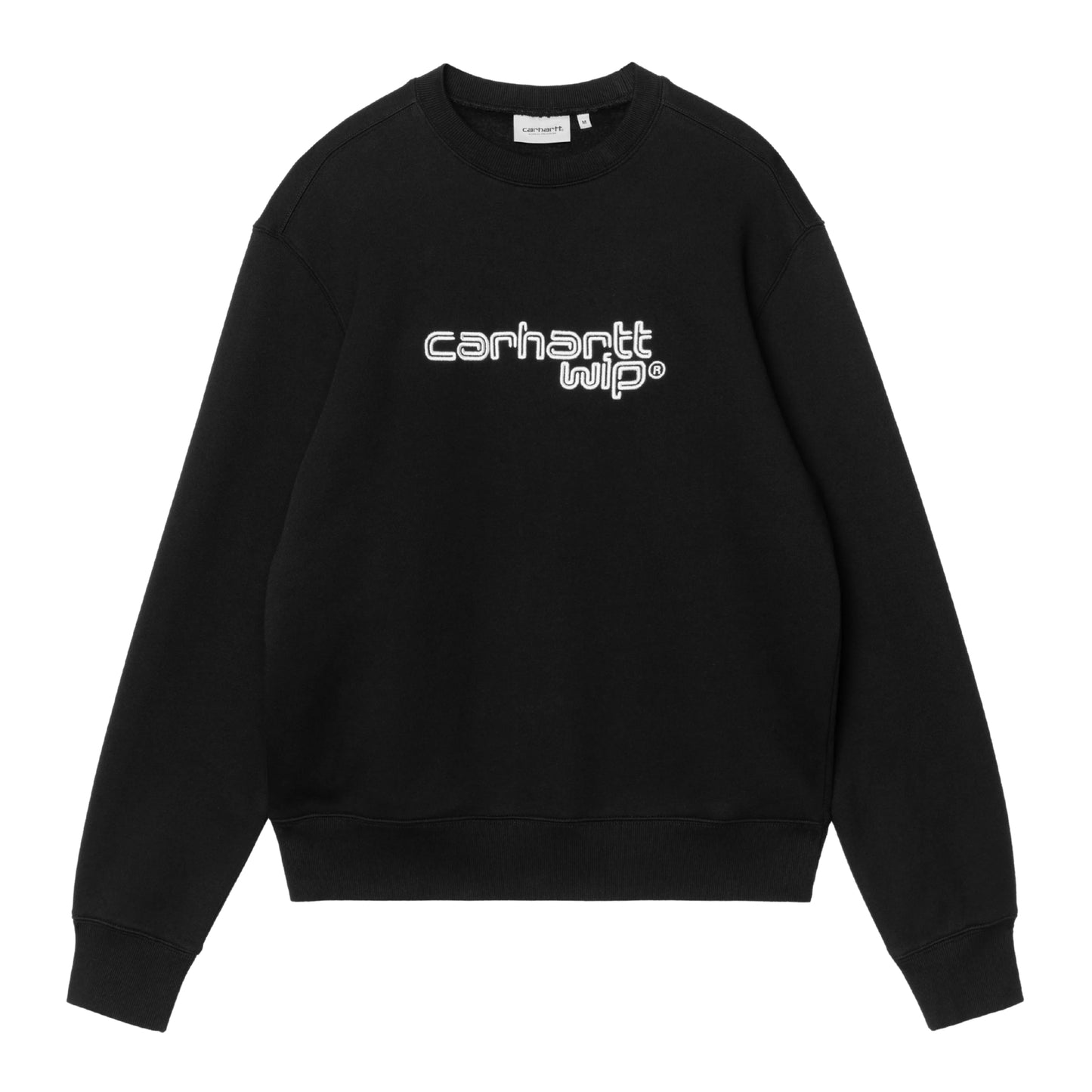 Camisola Carhartt WIP Wireless Sweat em Black / Wax — vista frontal, produto sem modelo, bordado "carhartt wip®" ao centro do peito em tipografia arredondada com duplo contorno branco/Wax sobre malha de algodão escovada preta, decote redondo canelado, etiqueta Carhartt WIP bege na gola, punhos e bainha canelados, fundo branco.
