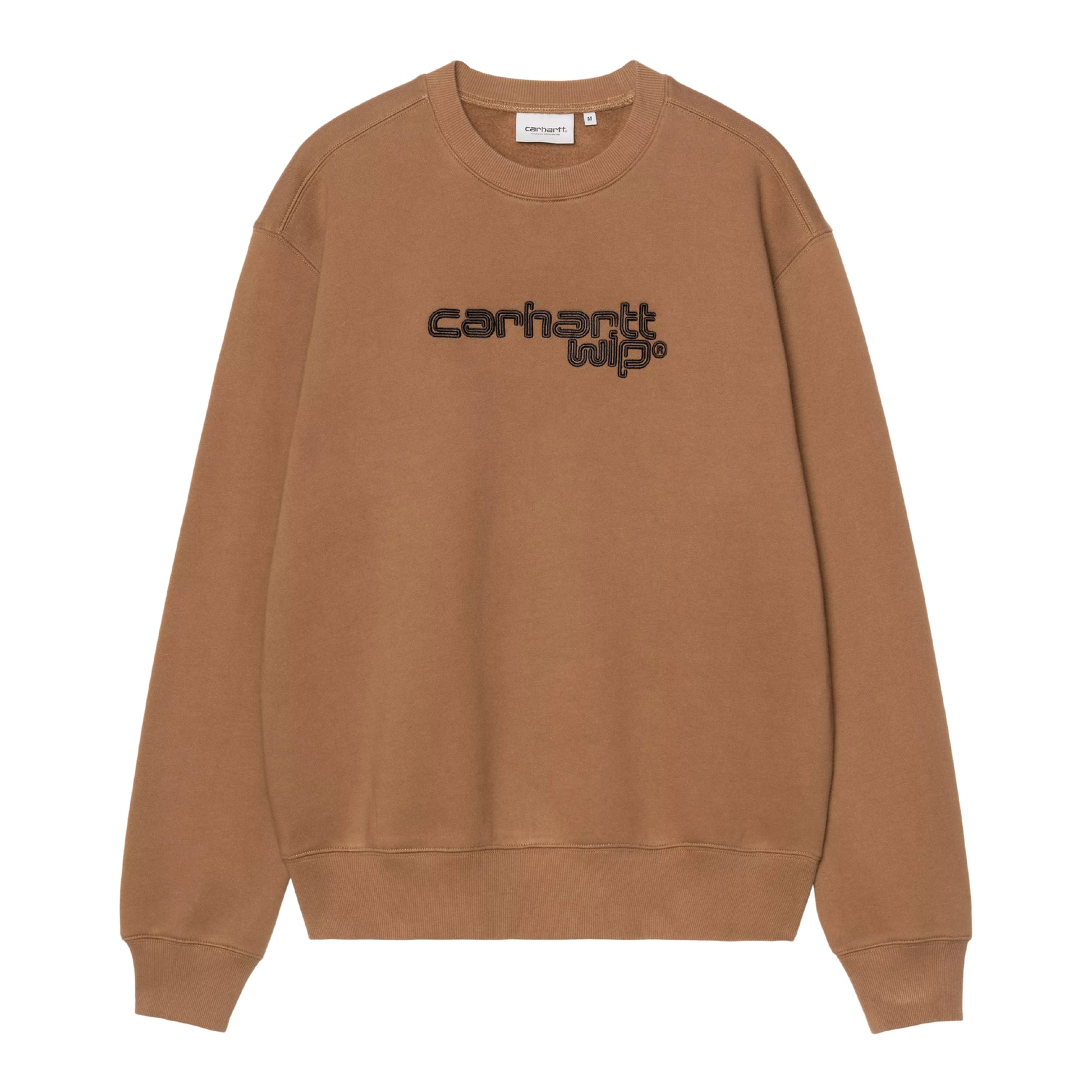 Camisola Carhartt WIP Wireless Sweat em Hamilton Brown / Black — vista frontal, produto sem modelo, bordado "carhartt wip®" ao centro do peito em tipografia arredondada com duplo contorno preto sobre malha de algodão escovada castanha Hamilton Brown, decote redondo canelado, punhos e bainha canelados, etiqueta Carhartt WIP bege na gola, costas limpas, fundo branco.