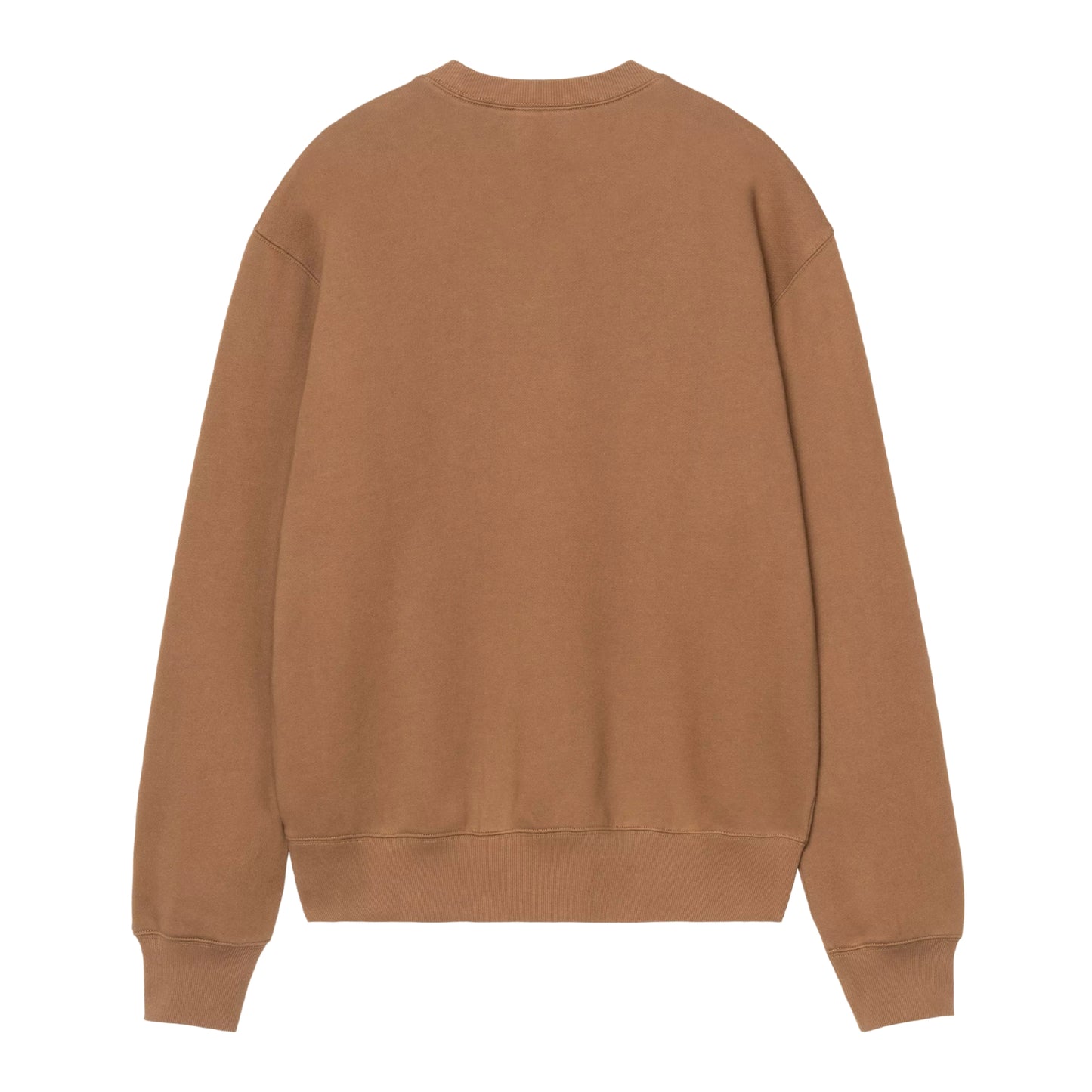 Camisola Carhartt WIP Wireless Sweat em Hamilton Brown / Black — vista traseira, produto sem modelo, costas limpas sem gráfico, malha de algodão escovada castanha Hamilton Brown, decote redondo canelado, punhos e bainha canelados, corte solto com ombros descaídos, fundo branco.