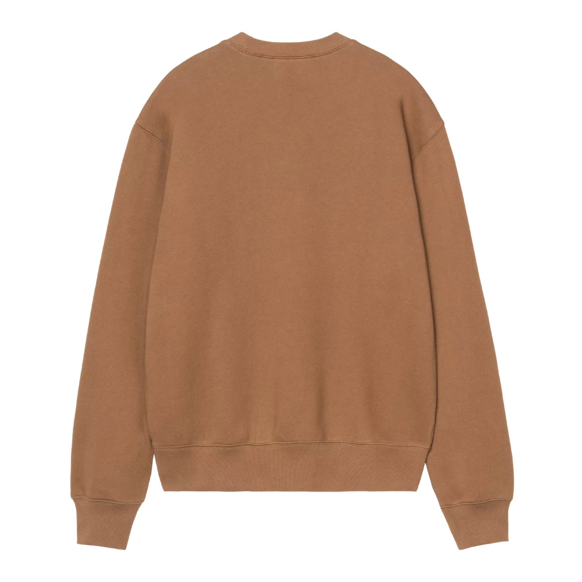 Camisola Carhartt WIP Wireless Sweat em Hamilton Brown / Black — vista traseira, produto sem modelo, costas limpas sem gráfico, malha de algodão escovada castanha Hamilton Brown, decote redondo canelado, punhos e bainha canelados, corte solto com ombros descaídos, fundo branco.