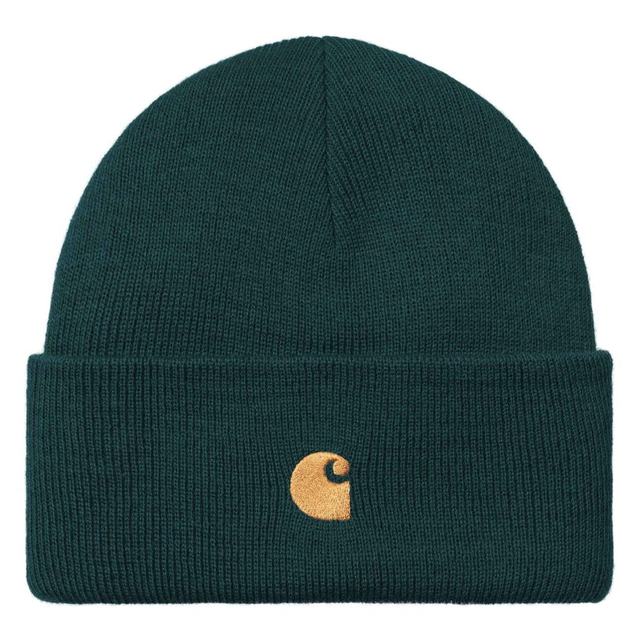 Carhartt WIP Chase Beanie Duck Blue/Gold. Foto da parte da frente.