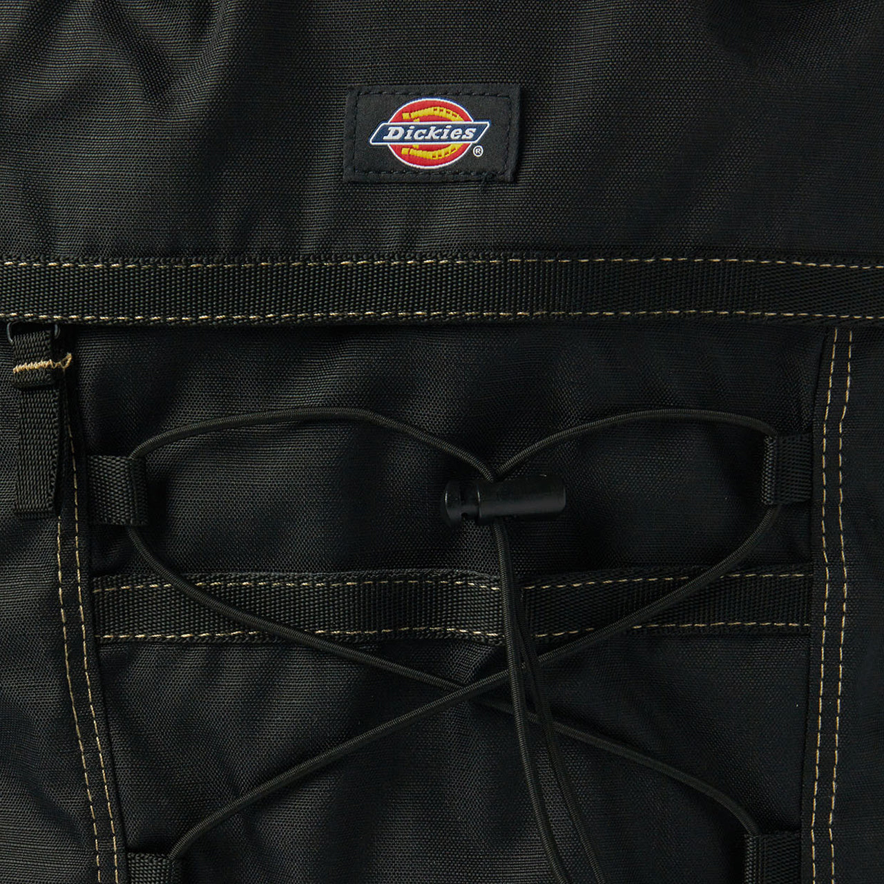 Dickies Ashville Backpack Black. Foto de detalhe do logotipo na frente.