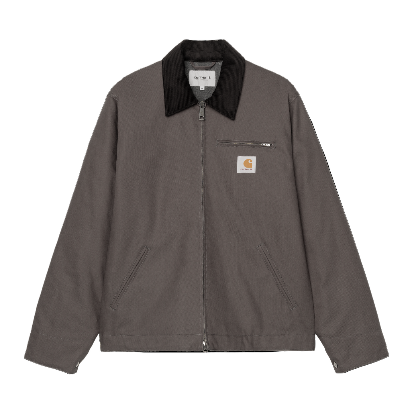 Casaco para homem Carhartt WIP Detroit em Graphite/Preto Rigid. Foto da parte da frente, fechado.